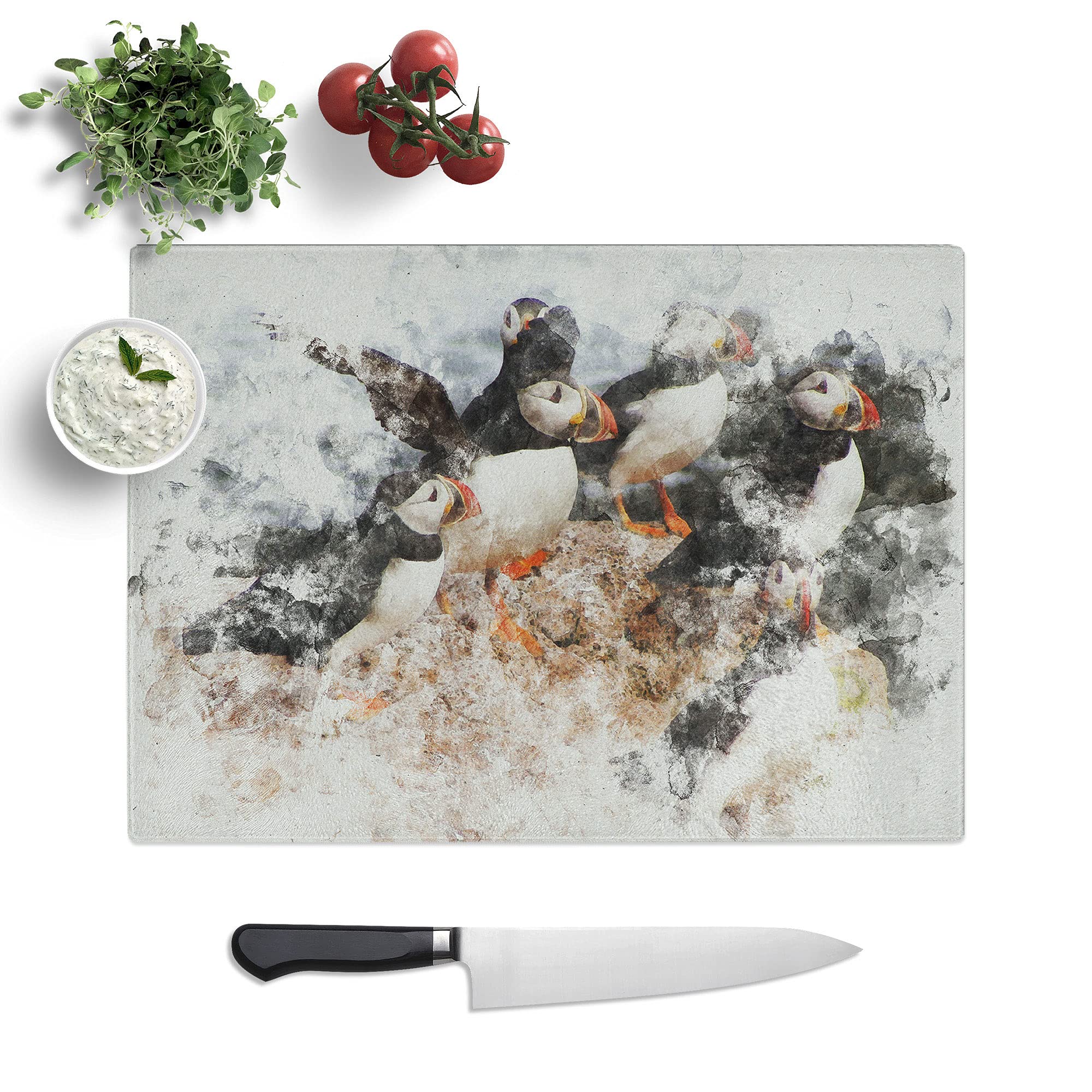 Atlantic Puffin Birds Vol.3 Watercolour - Textured Chopping Board - Worktop Saver - Cutting Board - Heat Resistant, Shatterproof and Hygenic - 39 x 28.5 cm
