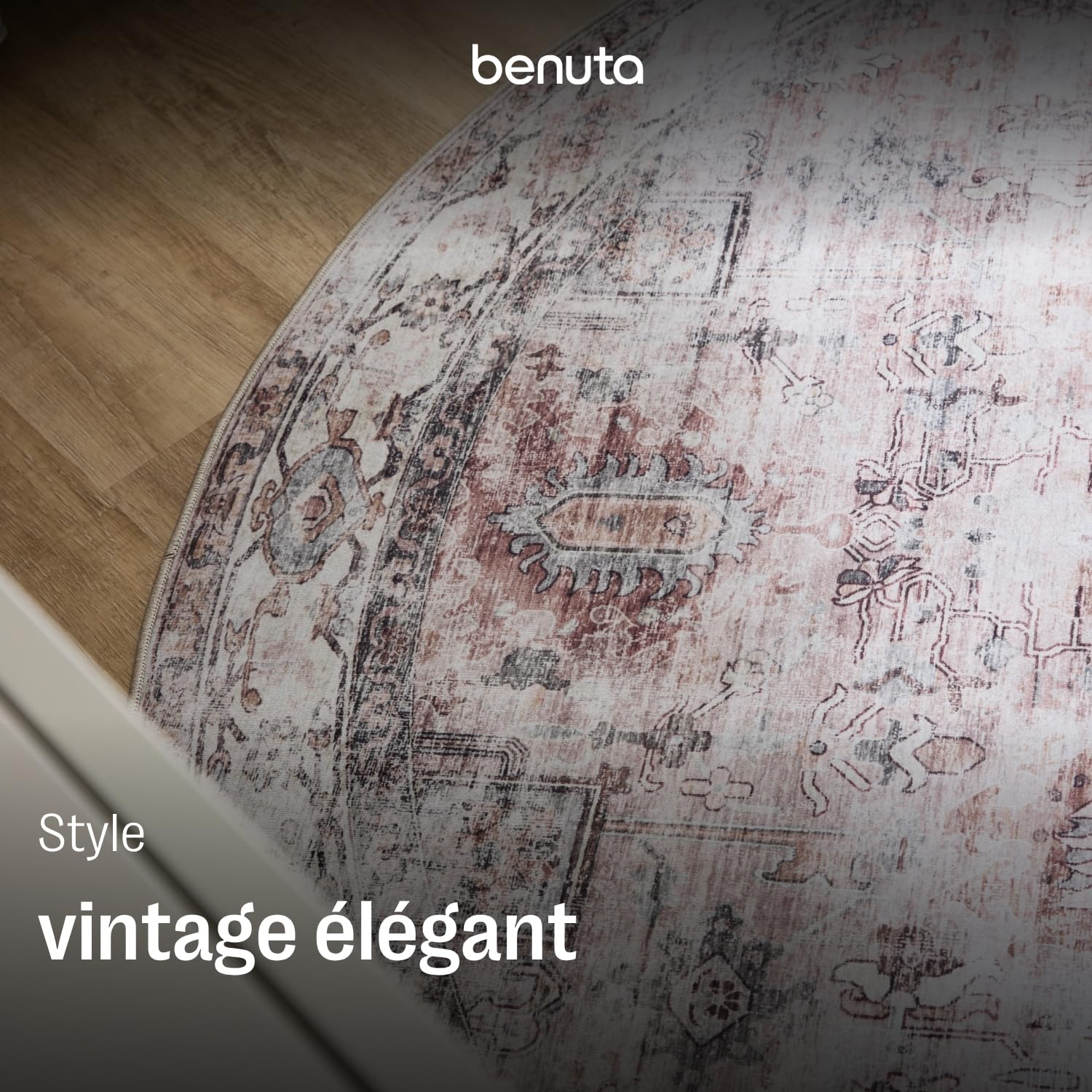 benuta Basic Tapis Salon George - Crème/Taupe 160 cm Rond - Rond Lavable - Vintage, Élégant, Rétro pour Chambre, Couloir, Salle à Manger