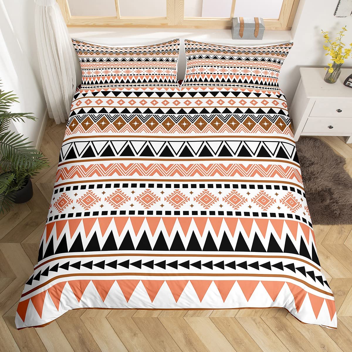 Western Boho Bettbezug Azteken Bettwäsche 135x200,Ethnische Tribal Pfeil Tröster Bezug Retro Exotische Nordische Stil Bett Set,Afrikanische Indische Tribal Geometrie Diamantstreifen Böhmische Dekor