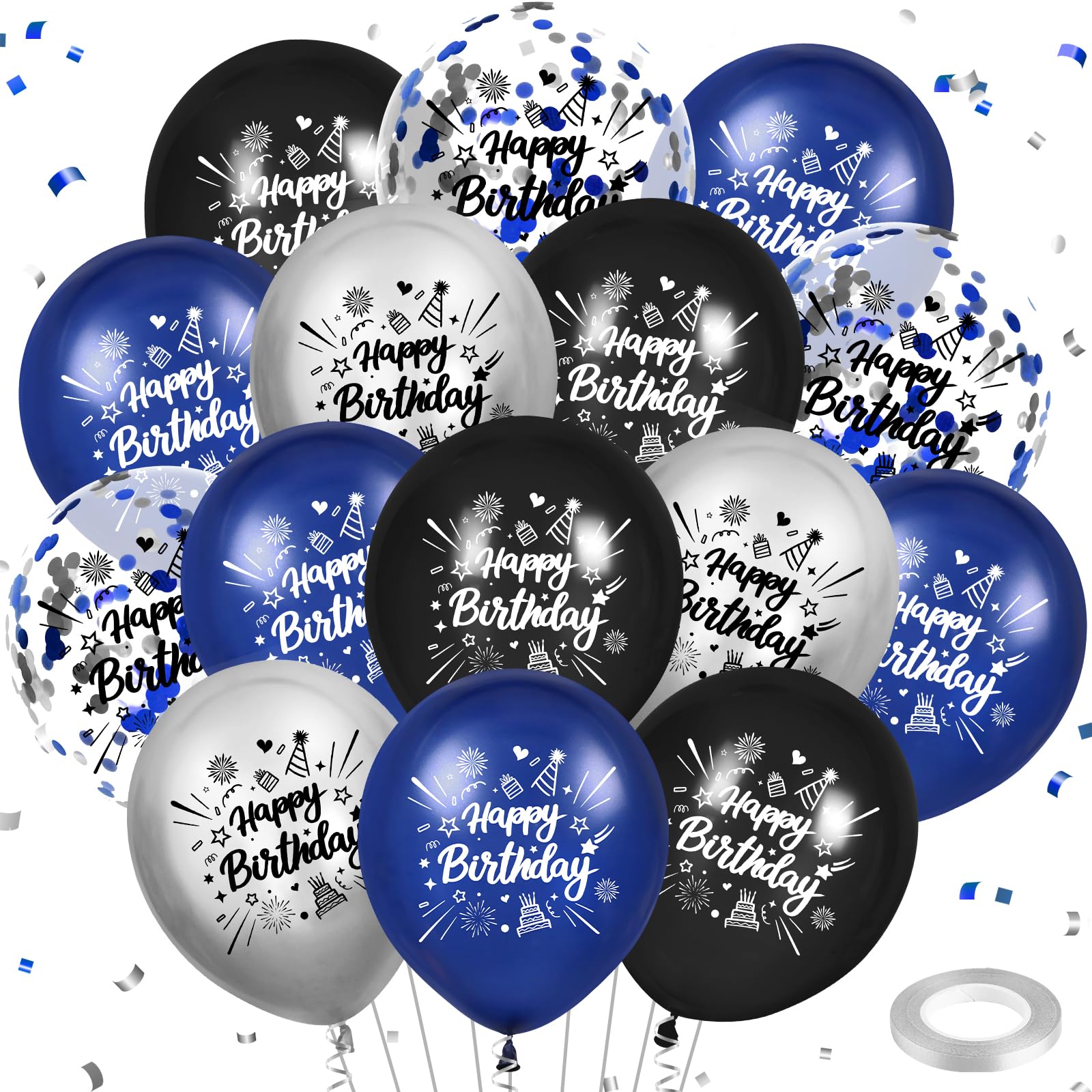 RUMIA Blue Birthday Balloons 24Pcs Navy Blue Black Silver Happy Birthday Latex Balloons Confetti Balloons for Men Boy Girls Birthday Anniversary Party