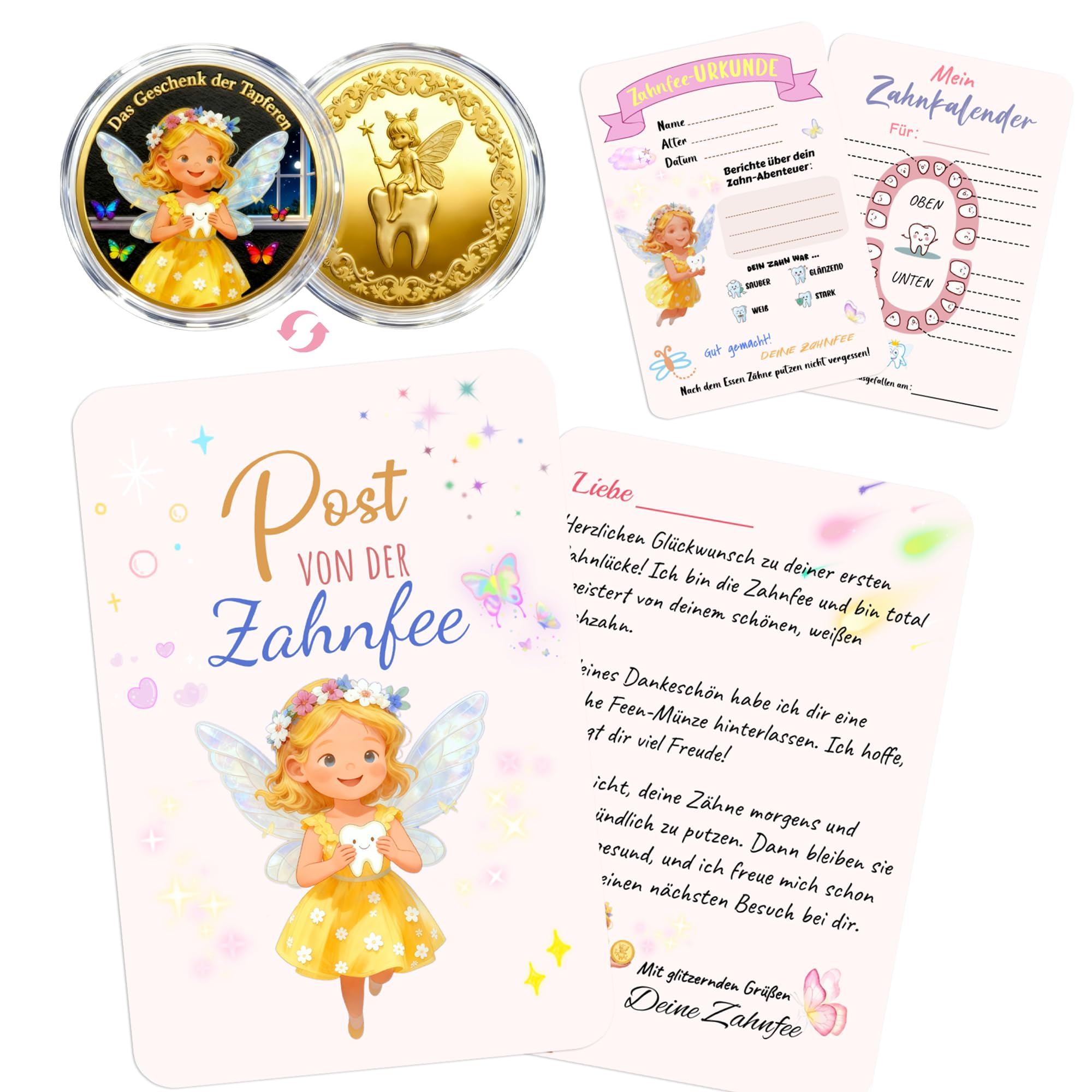 GEVECORI Zahnfee Geschenk Kinder, Goldene Glücksmünze Münze mit Zahnfee Brief + Zahnprotokoll + Zahnfee Urkunde + Umschlag + Garnbeutel, Zahnfee Münzen Geschenkset für Mädchen & Jungen