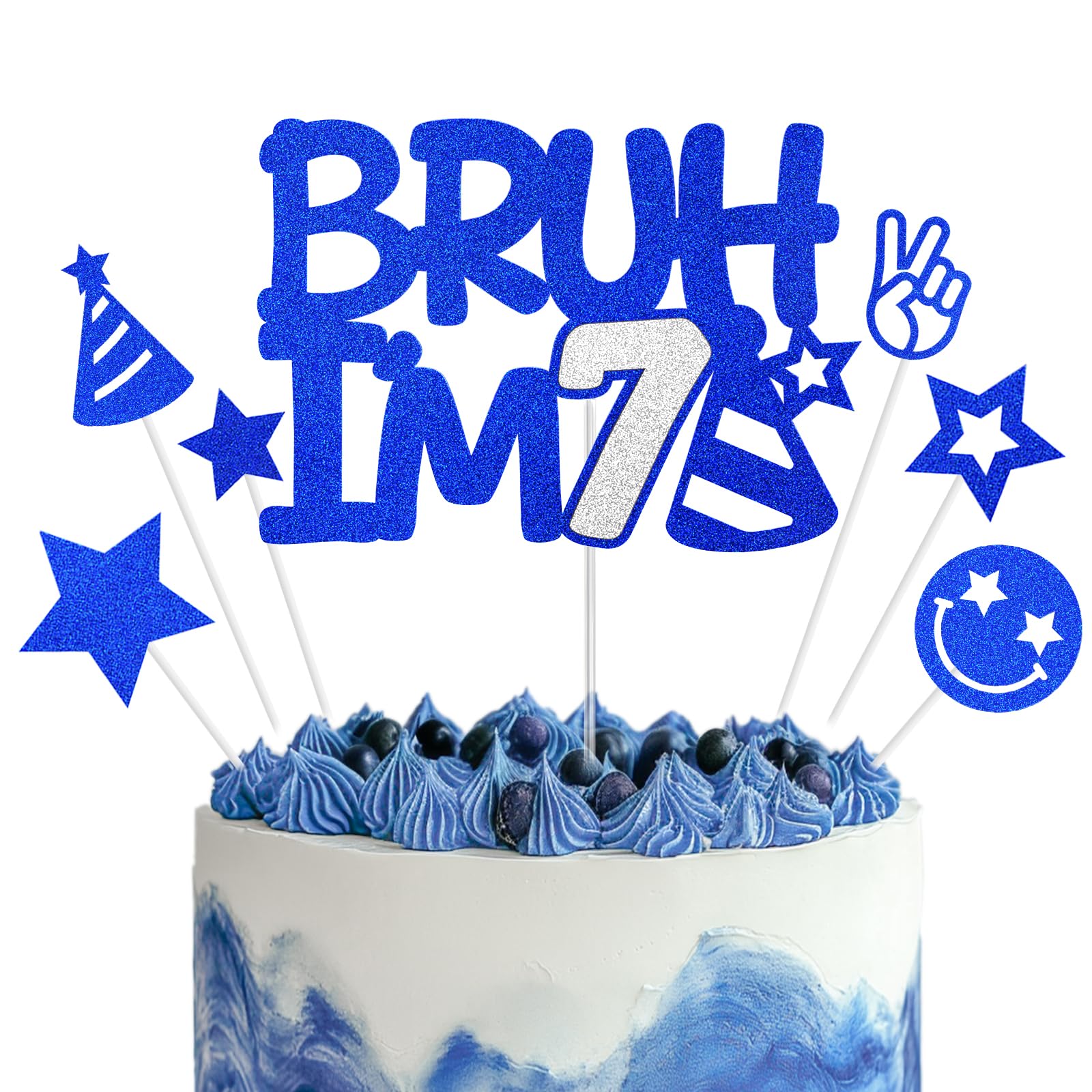 Bruh I'm 7 Cake Topper, Happy 7th Birthday Cake Topper, Blue Silver Glitter Cake Decoration, 7 Cake Topper, Birthday Party Cake Decor Supplies for Boys Girls 7 Years Old