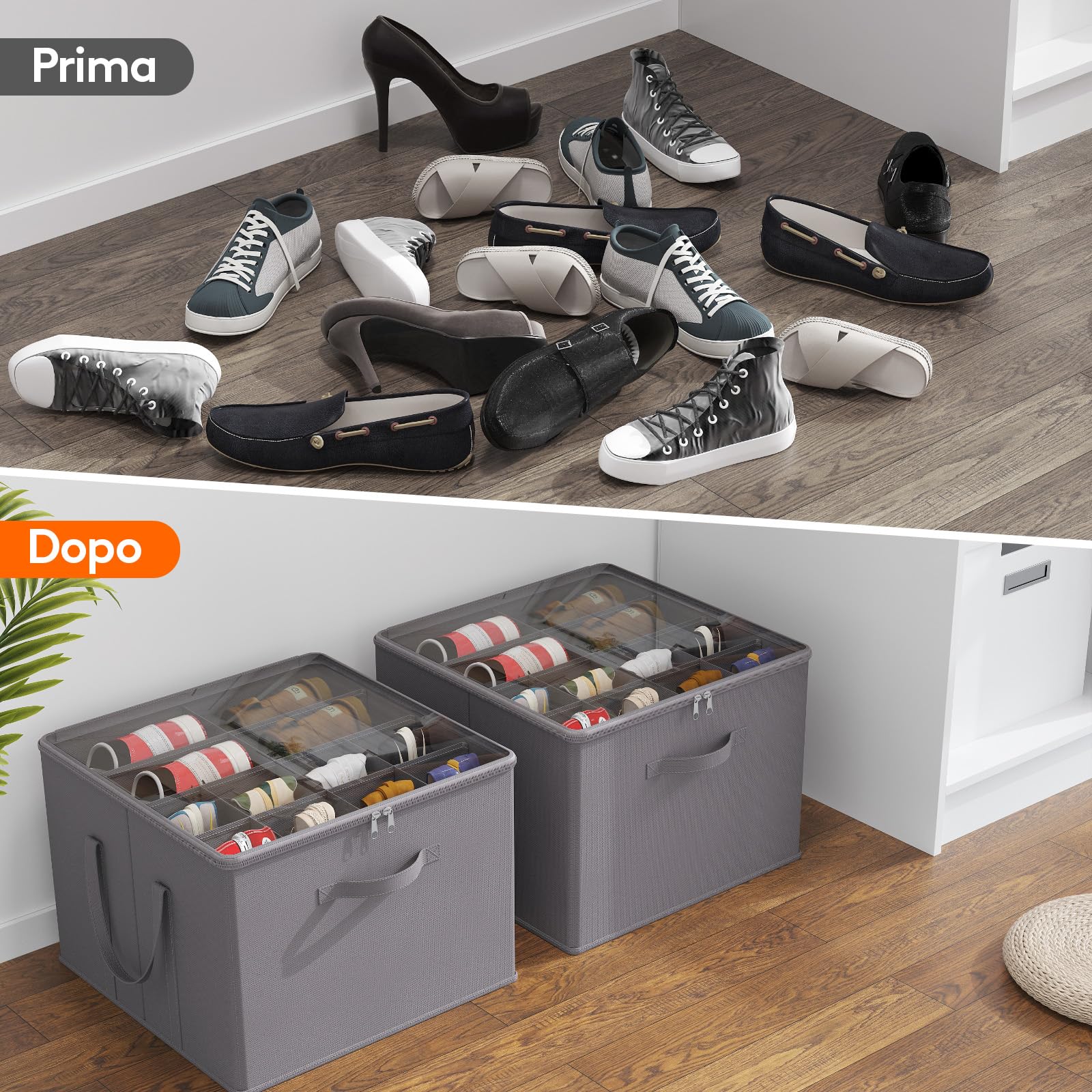 Lifewit Organizer Scarpe Armadio Pieghevole, Scatole per Scarpe Salvaspazio con Coperchio per 12-16 Paia, Shoes Organizer con Supporto Inferiore e Manici Rinforzati, Grigio