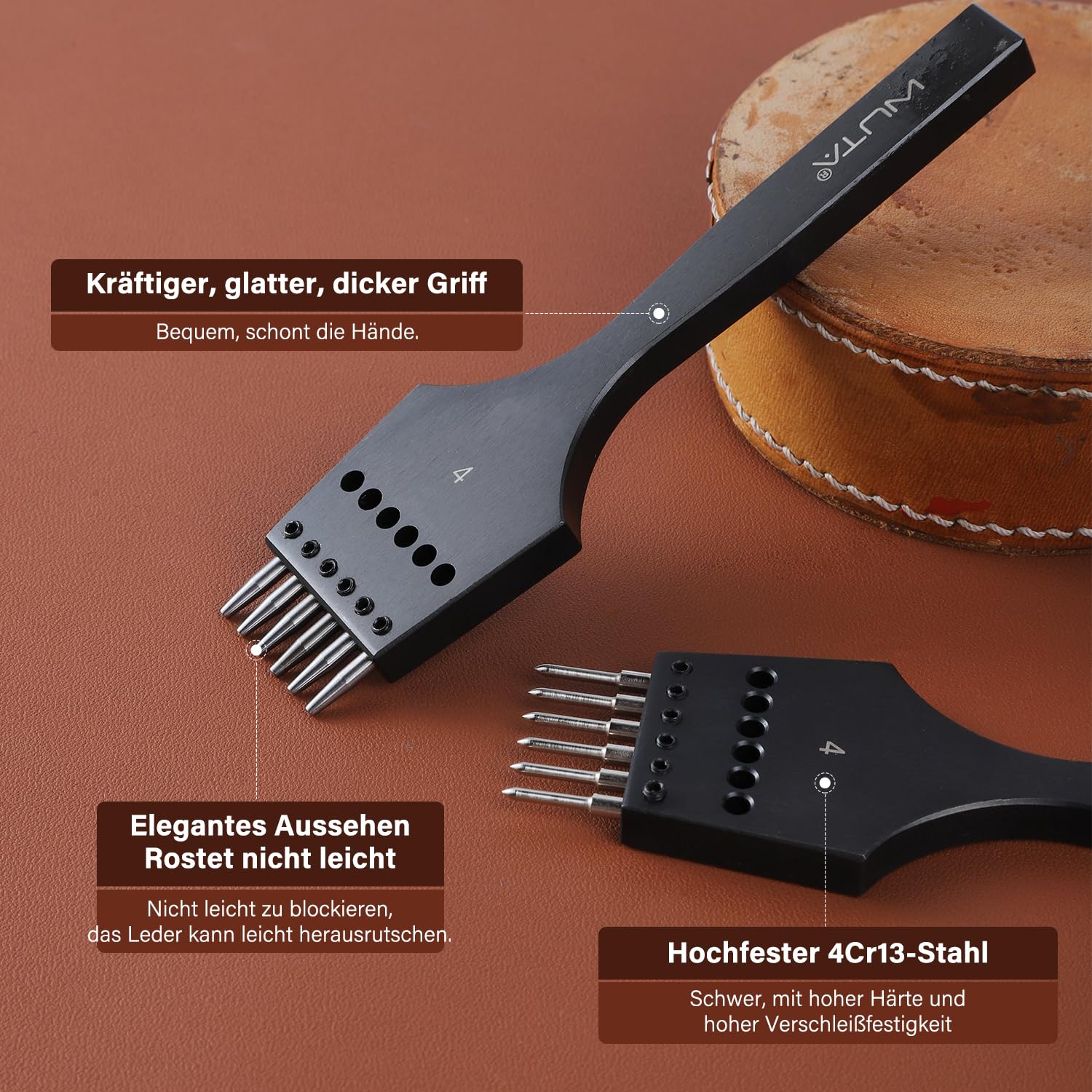 WUTA 2. Generation Leder Zinken Stanze Set mit Austauschbarem Meißelkopf & Runden Hohlkopf- DIY Lederverarbeitung Set(4mm-2+4+6)