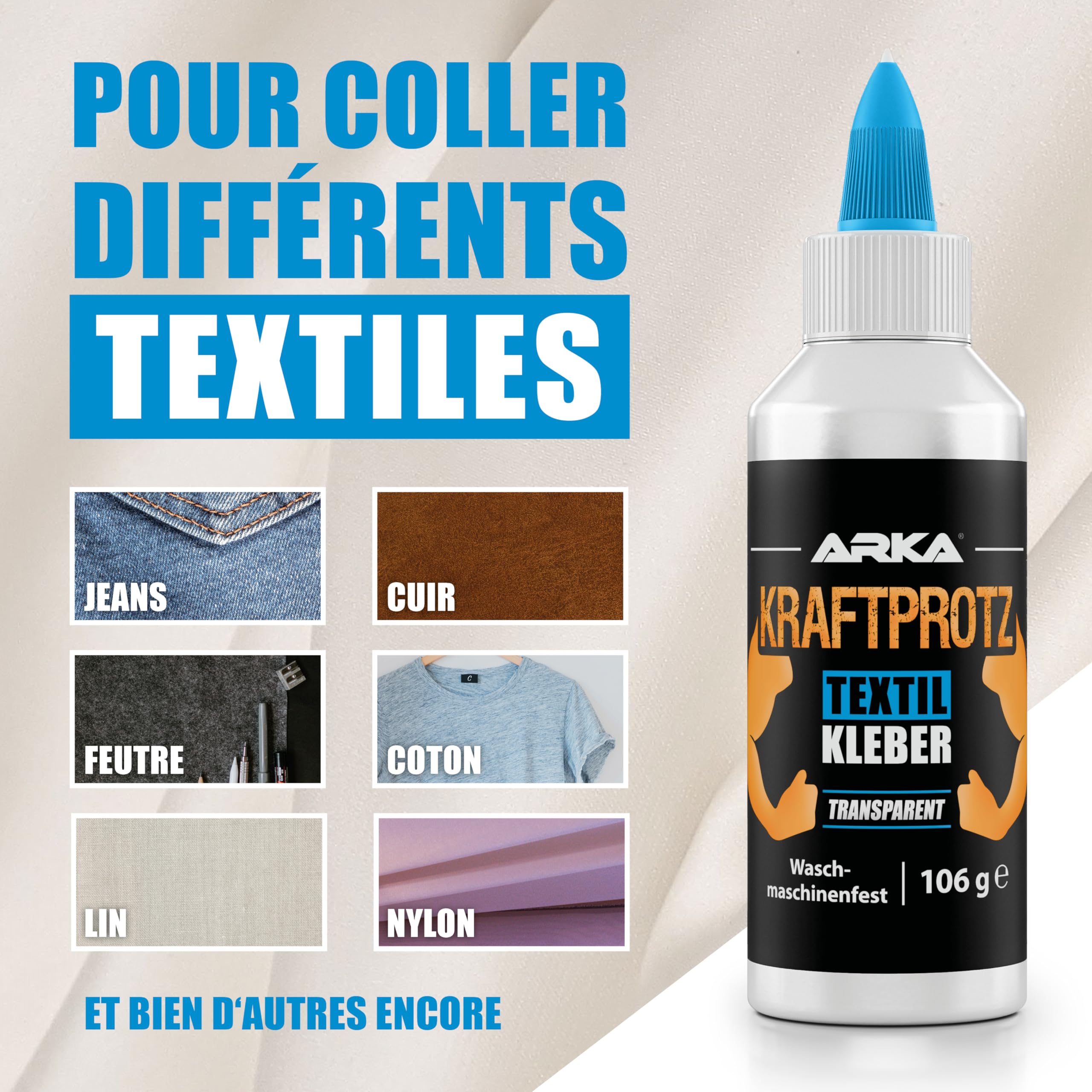 Colle Textile Extra Forte 105 g – Colle Tissu Permanente Résiste Lavage – Transparente Flexible & Sans Solvant – Pour Vêtements Cuir & Couture – KRAFTPROTZ