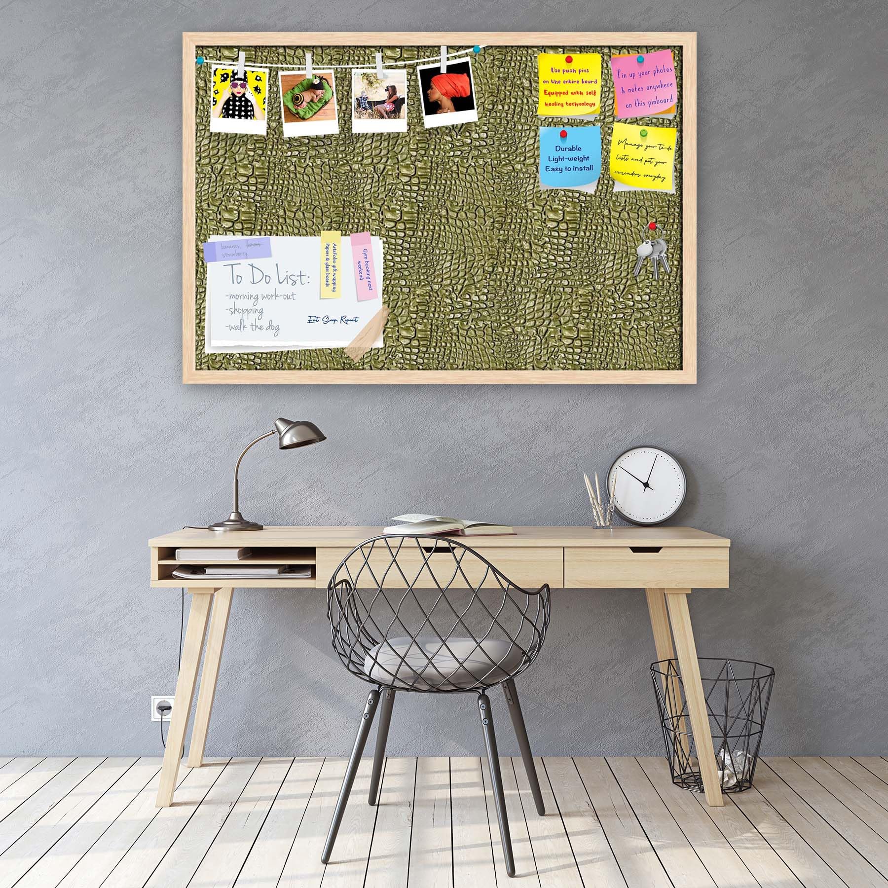 ArtzFolio Alligator Hide | Bulletin Board Notice Pin Board | Vision Soft Board Combo with Thumb Push Pins & Sticky Notes | Natural Brown Frame | 24 x 16 inch (61 x 41 cms)