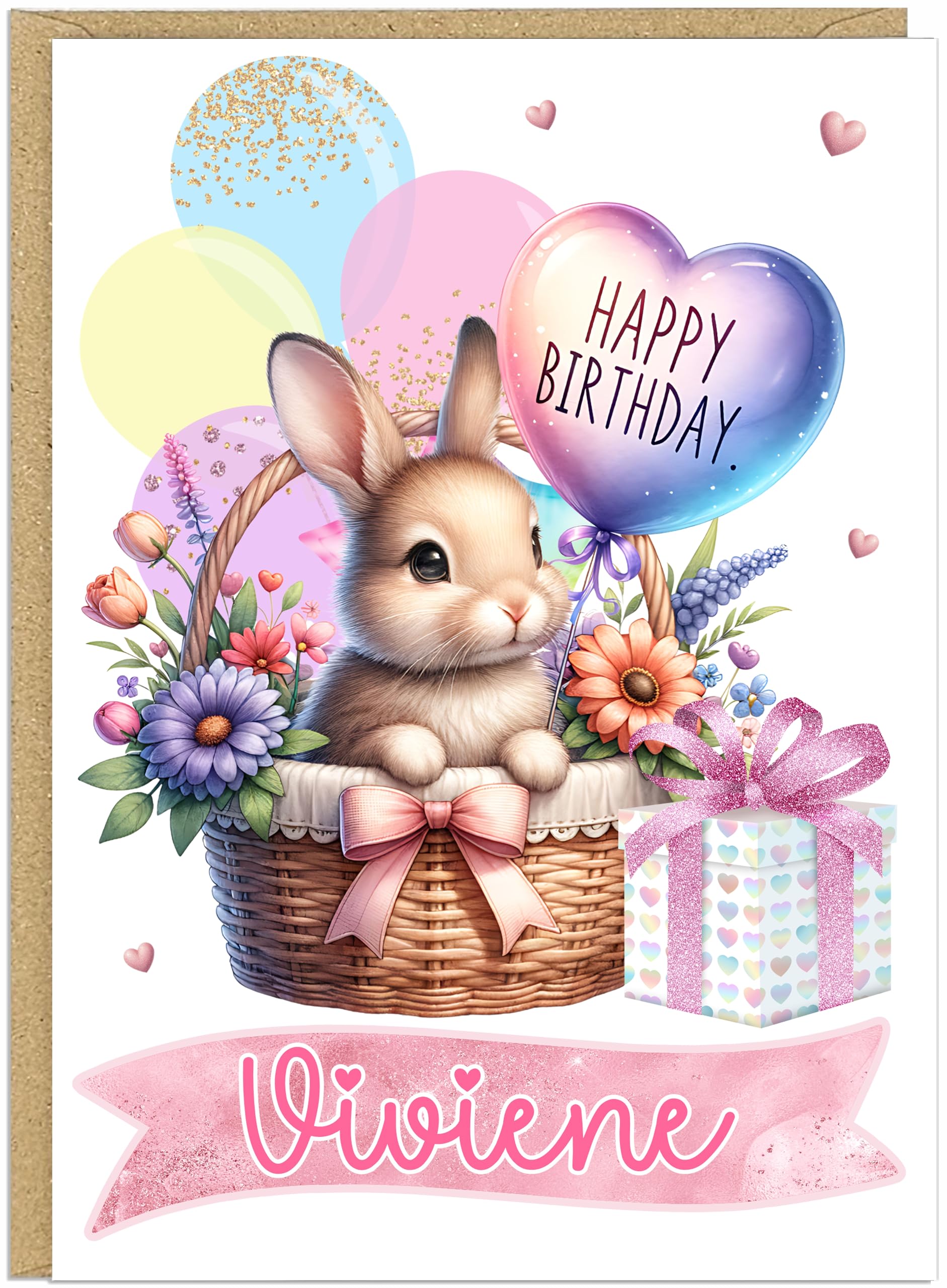 Personalised Cute Animal Happy Birthday Cards for Girls Kids Teens - Custom Own Name - Bunny Cat Deer Dog Elephant Giraffe Highland Cow Panda Unicorn Designs A5 (Bunny)