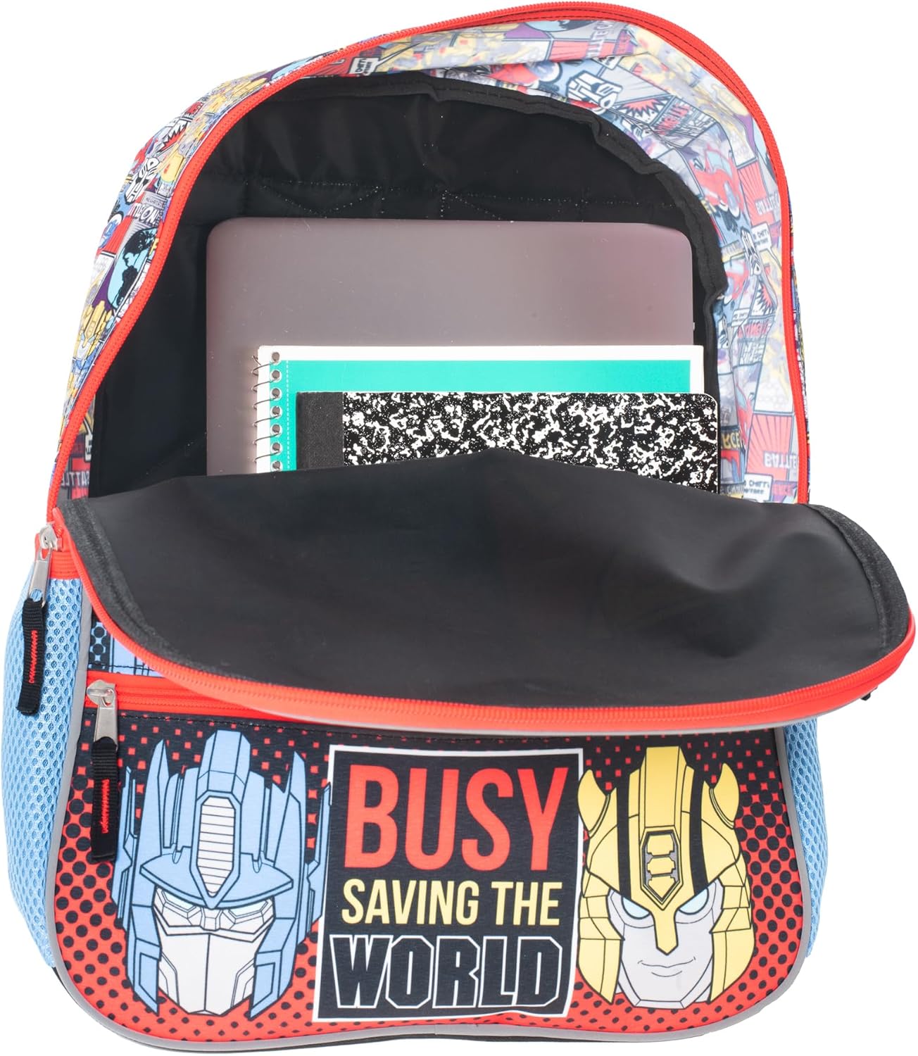 AI ACCESSORY INNOVATIONS Transformers 5 PC Backpack Set, Bumblebee & Optimus Prime School Bag 16”, Blue & Red