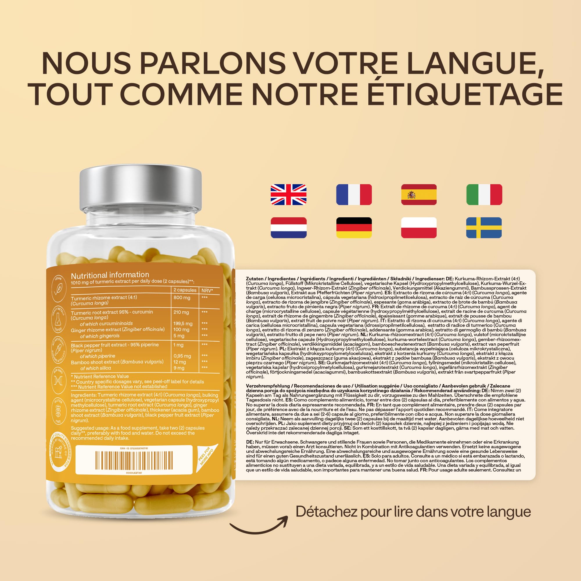 Curcumine Curcuma Gingembre Poivre Noir - Extrait de Curcuma, Piperine, Gingembre Gelule avec 95% de Curcumin et Pipérine - Turmeric Curcumin Vegan et sans OGM - 180 gélules