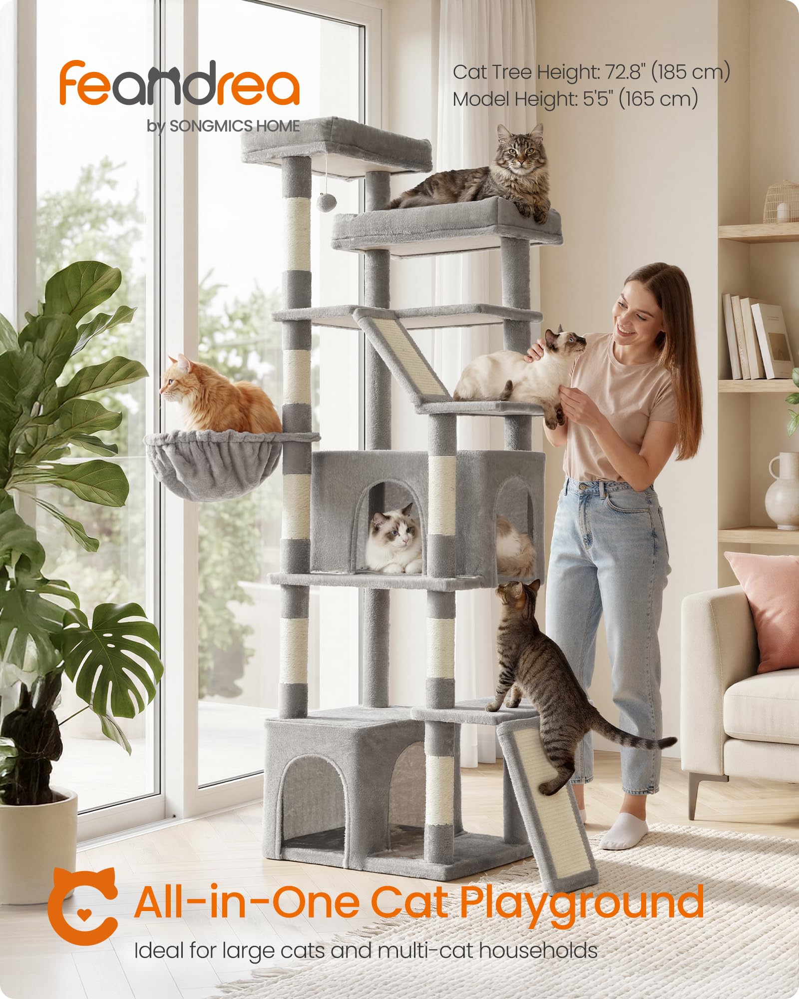 Feandrea Kratzbaum, Turm für extra große Katzen, Kratzbäume, Kratzbretter, mehrstufiges Design, Taubengrau UPCT014G101S