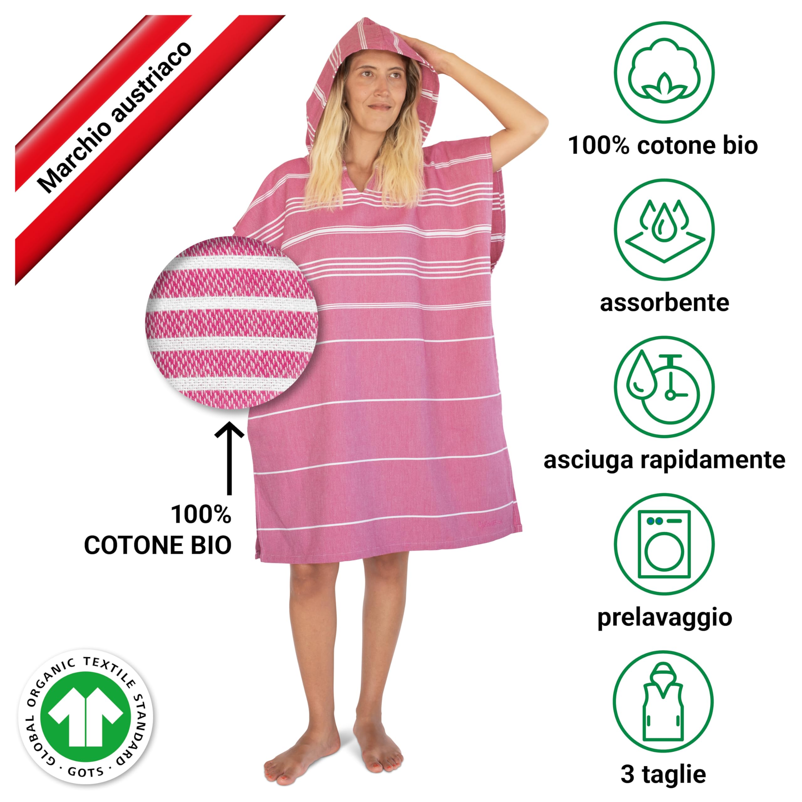 LeStoff Poncho surf adulto, 100% cotone bio, Fucsia, S/M | Accappatoio, telo con cappuccio e spogliatoio per spiaggia, nuoto e campeggio – leggero, assorbente e ad asciugatura rapida