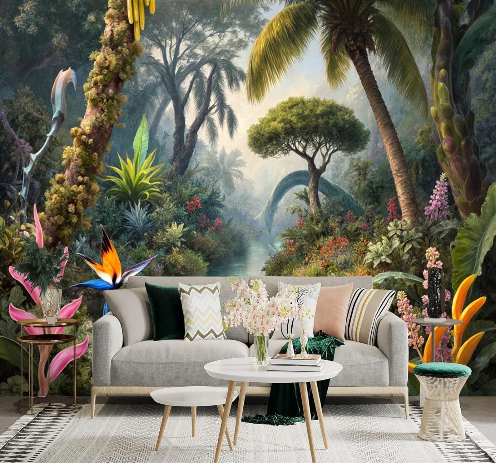 Xlming 300Cm×210Cm(B×H) Fresh Tropical Jungle River Flowers Landscape 3D Wallpaper Silky Texture Home Study Office Grey Dining Room Sofa Bedroom Living Room Tv Backdrop-300Cm×210Cm