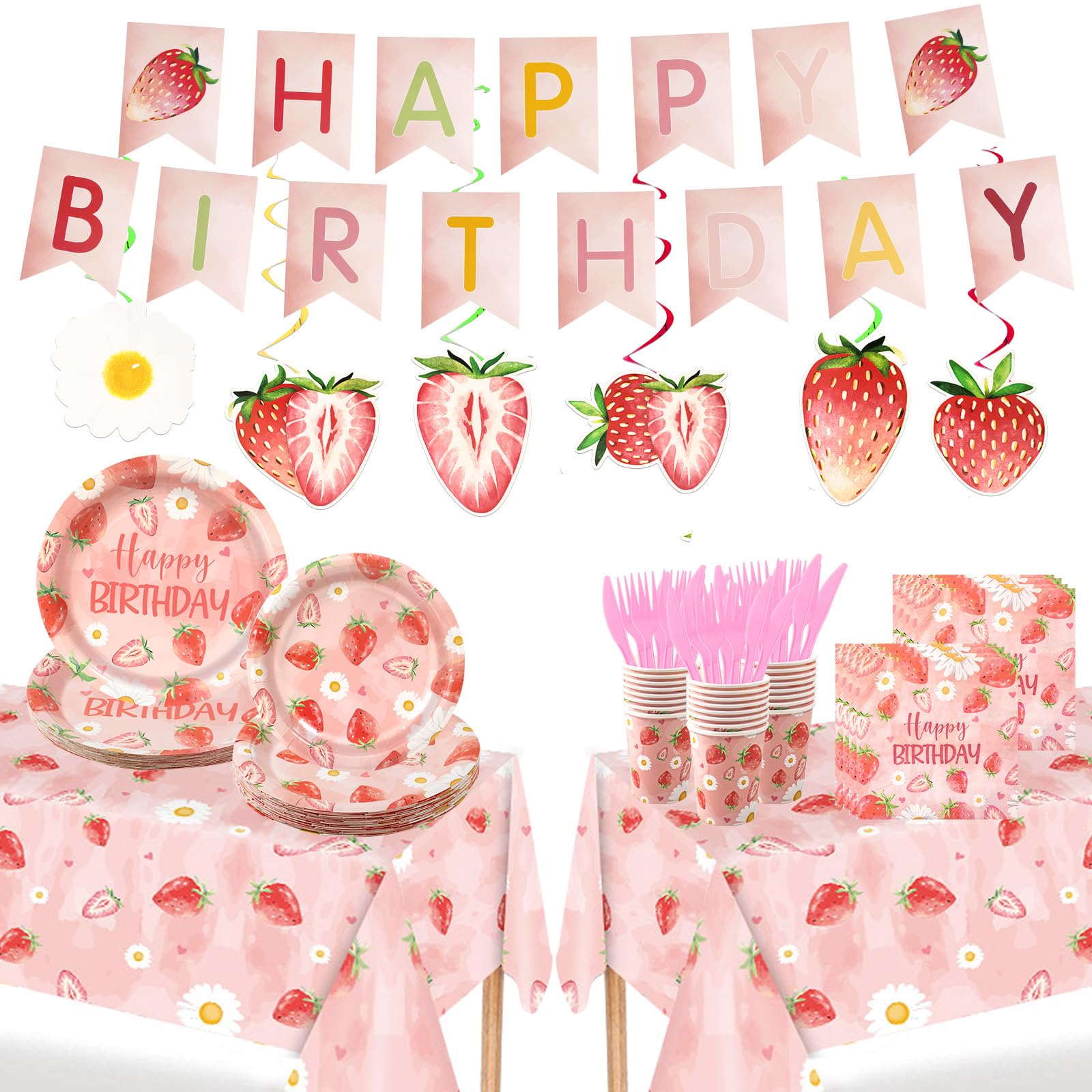 153Pcs Strawberry Birthday Decorations, for 24 Guests Berry Theme Party Supplies Summer Sweet Fruit Tableware Set for Birthday Party