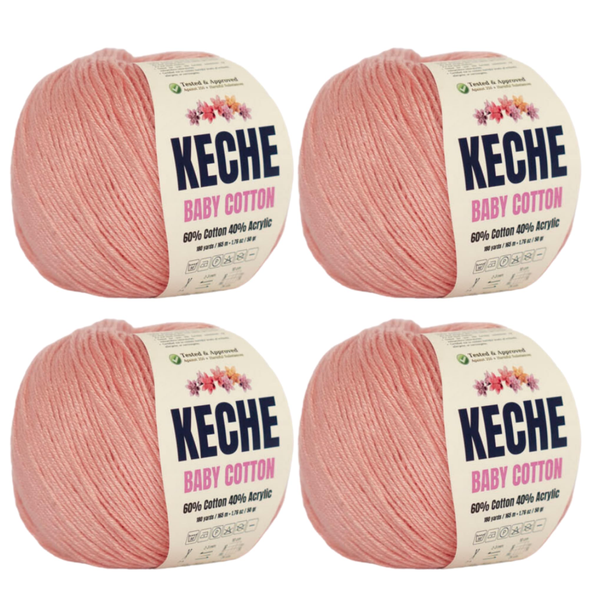 Keche Cotton Yarn, 60% Cotton 40% Acrylic Yarn, Soft Cotton Yarn for Crochet and Knitting, Amigurumi Yarn 4 Skeins/Balls [1.76 Oz (50g) / 180 Yrds (165m)] x 4 - Skin Color