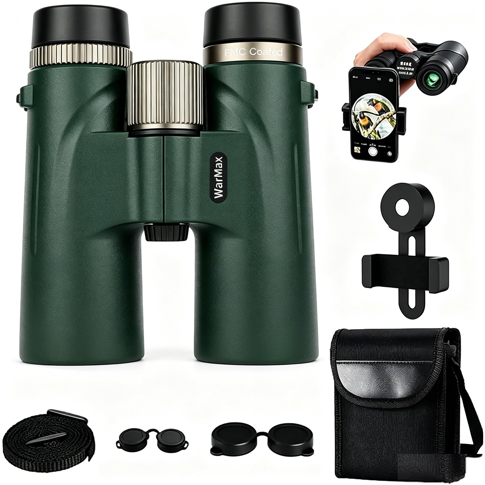 Prismáticos WarMax, HD12x42 para adultos de alta magnificación, ideales para observación de aves, viajes, observación de estrellas, caza, vista más amplia, conciertos, enfoque inteligente (Verde