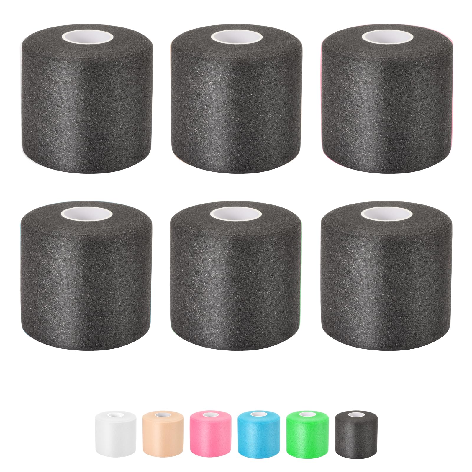 Pre Wrap Athletic Tape 6 Pack, 2.4 Inch x 22 Yards Foam Underwrap Bandage, Foam Underwrap Sports Tape for Ankle Wrist Knee Elbow Hair Soccer, Black