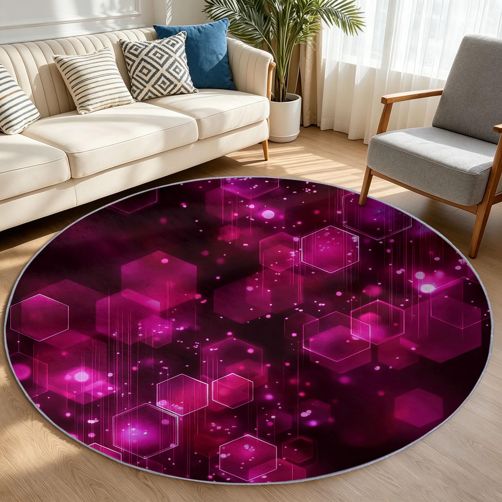 Alfombra moderna redonda antideslizante lavable para salón, color morado