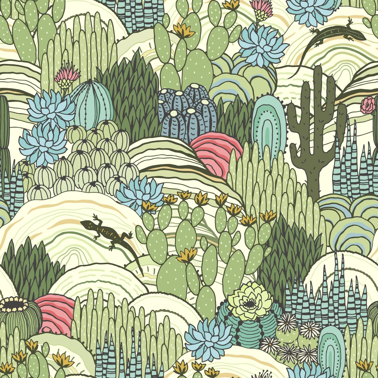 SOEWIOU Green Cactus Plant Animal Wallpaper Desert Cactus Lizard and Cactus Floral Peel and Stick Wallpaper,44.5×300cm Bedroom Livinroom Cabinet Bathroom Waterproof Self Adhesive