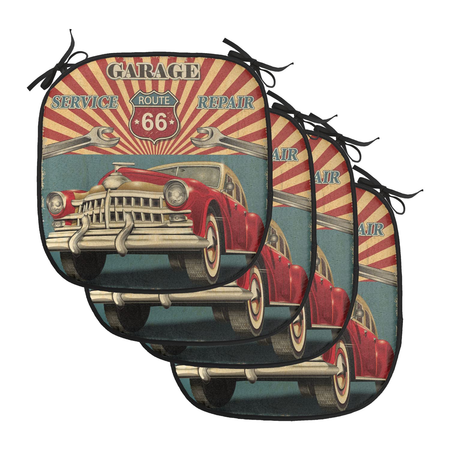 Lunarable Americana Chair Cushion Pads Set of 4, Vintage Garage Artwork with a Nostalgic Car Illustration Retro Vibes Route 66 Print, Anti-slip Seat Padding for Kitchen & Patio, 16