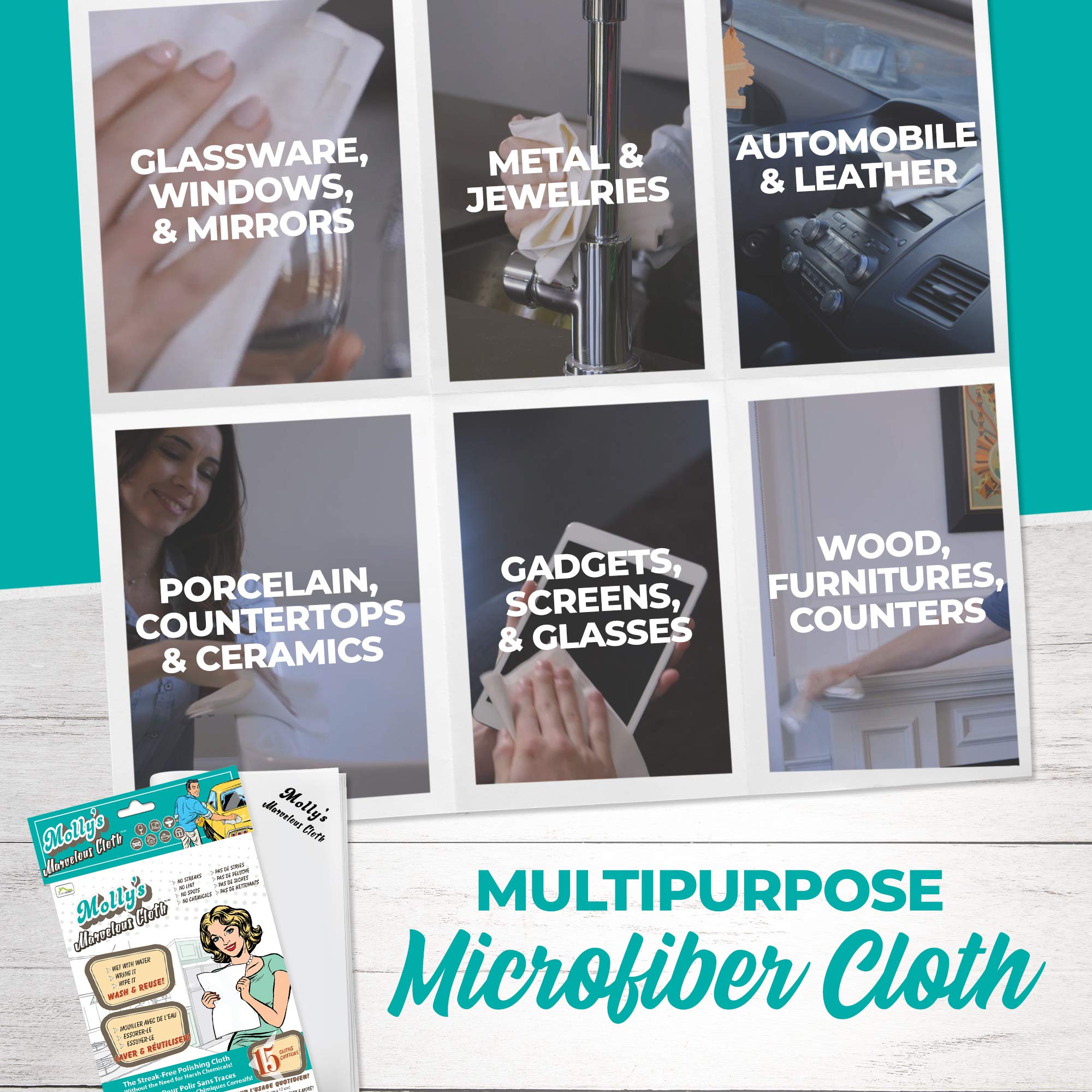 Molly's Marvelous Cloth - Paño de limpieza de microfibra sin rayas, sin pelusas, paño de pulido para vidrio, acero inoxidable, uso para cocina, baño, coches, detalles, reutilizable (15.75 x 16