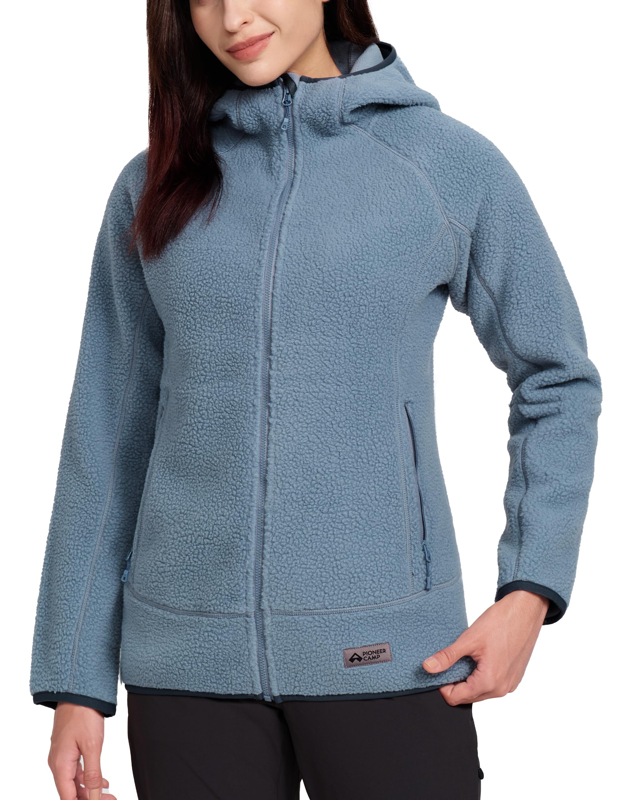 Pioneer Camp Chaqueta de forro polar para mujer con capucha, triple aislamiento, bolsillos laterales, dobladillo elástico para senderismo, camping