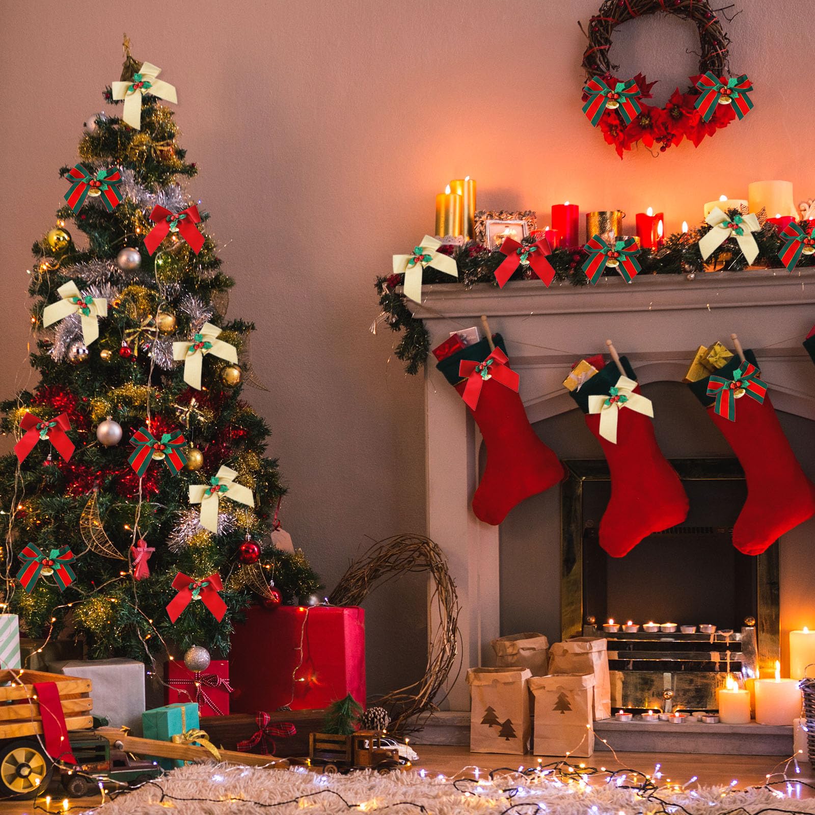 14 Fiocchi Natalizi Con Campane - Set Decorazioni Natale In Tela E Metallo - 7 Stili Per Albero E Ghirlande