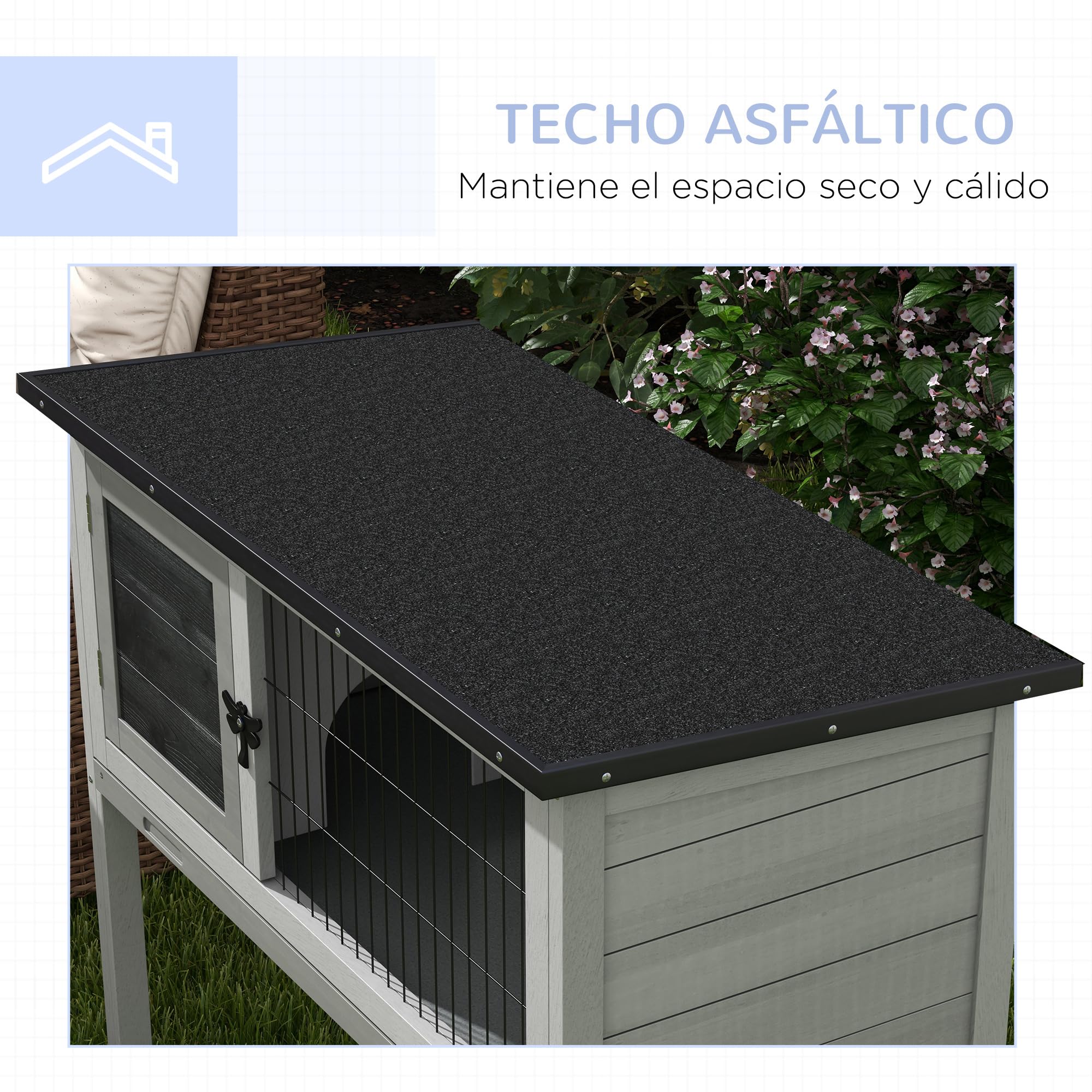 PawHut Conejera de Madera de Abeto Caseta Exterior Refugio para Animales Pequeños Conejos Cobayas con Techo Asfáltico y Bandeja Extraíble 84x43x70 cm Gris y Negro