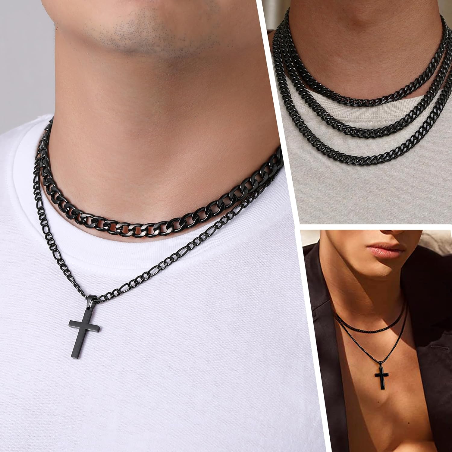 WEDDINEN Cross Necklace for Men Boys, Stainless Steel Layered Cross Pendant Cuban/Figaro Chains Christmas Jewelry Gifts - Image 2