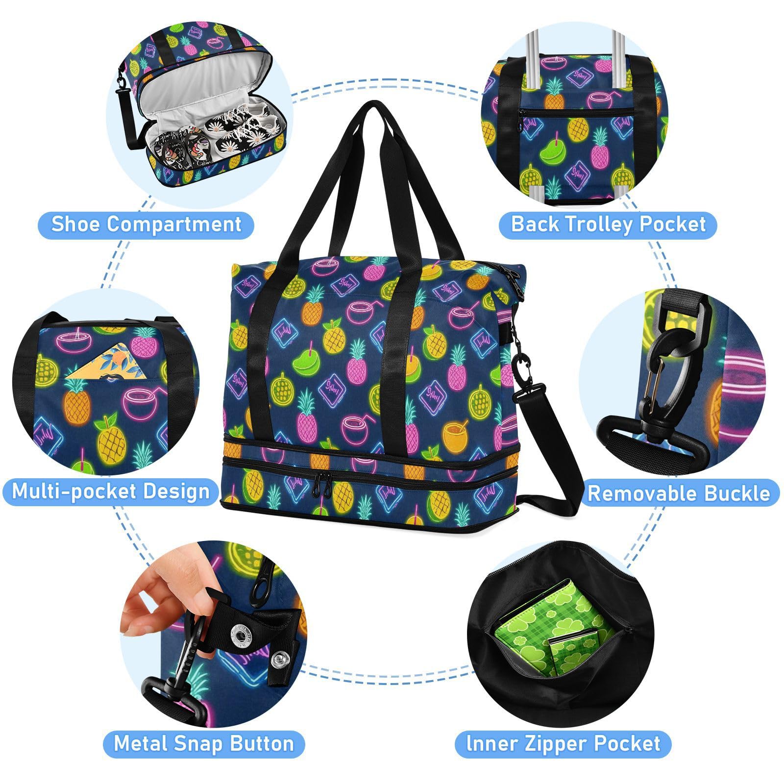 Bolsa de verano de coco neón, bolsa de fin de semana con bolsillo húmedo, correa ajustable, bolsa de gimnasio para viajes, impermeable, para hombres y mujeres