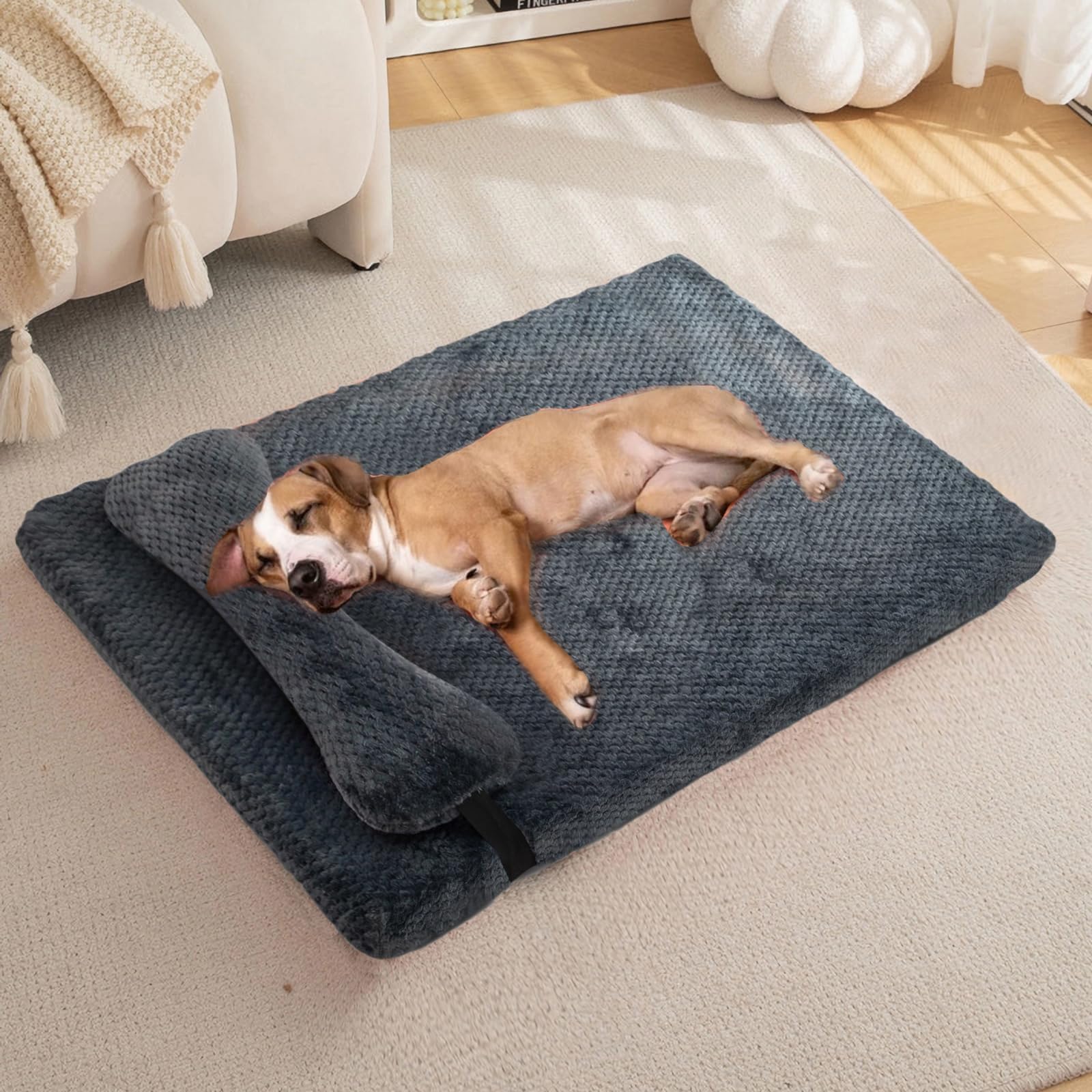 huraty Orthopedic Dog Bed with Bolster Pillow, Soft Plush Pet Bed Mat Non-Slip Bottom, Washable Pet Bed Mattress for Crate Kennel Suitable for Pets Up