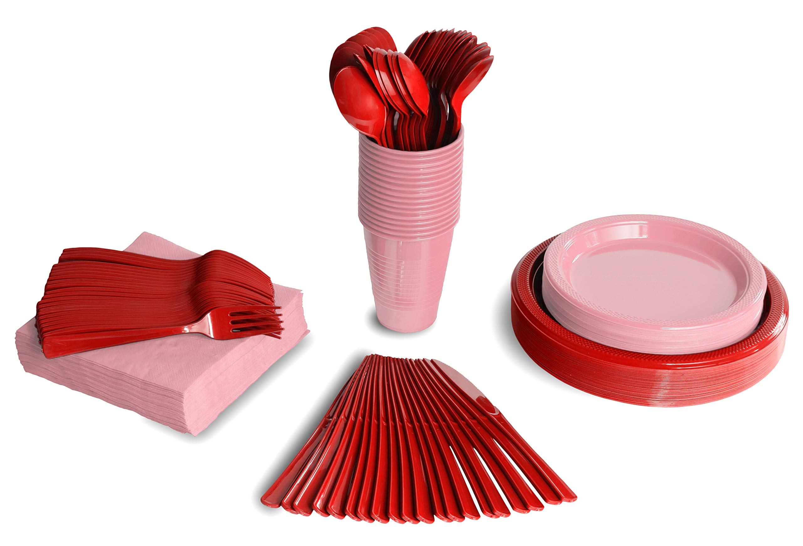 Party Solids 350 Pieces Valentines Plastic Plates For Party, Valentines Disposable Plates Set, 50 Of Each 9" Dinner Plate Set, 7" Dessert Plate, Cups, Napkins & Cutlery Plastic Dinnerware