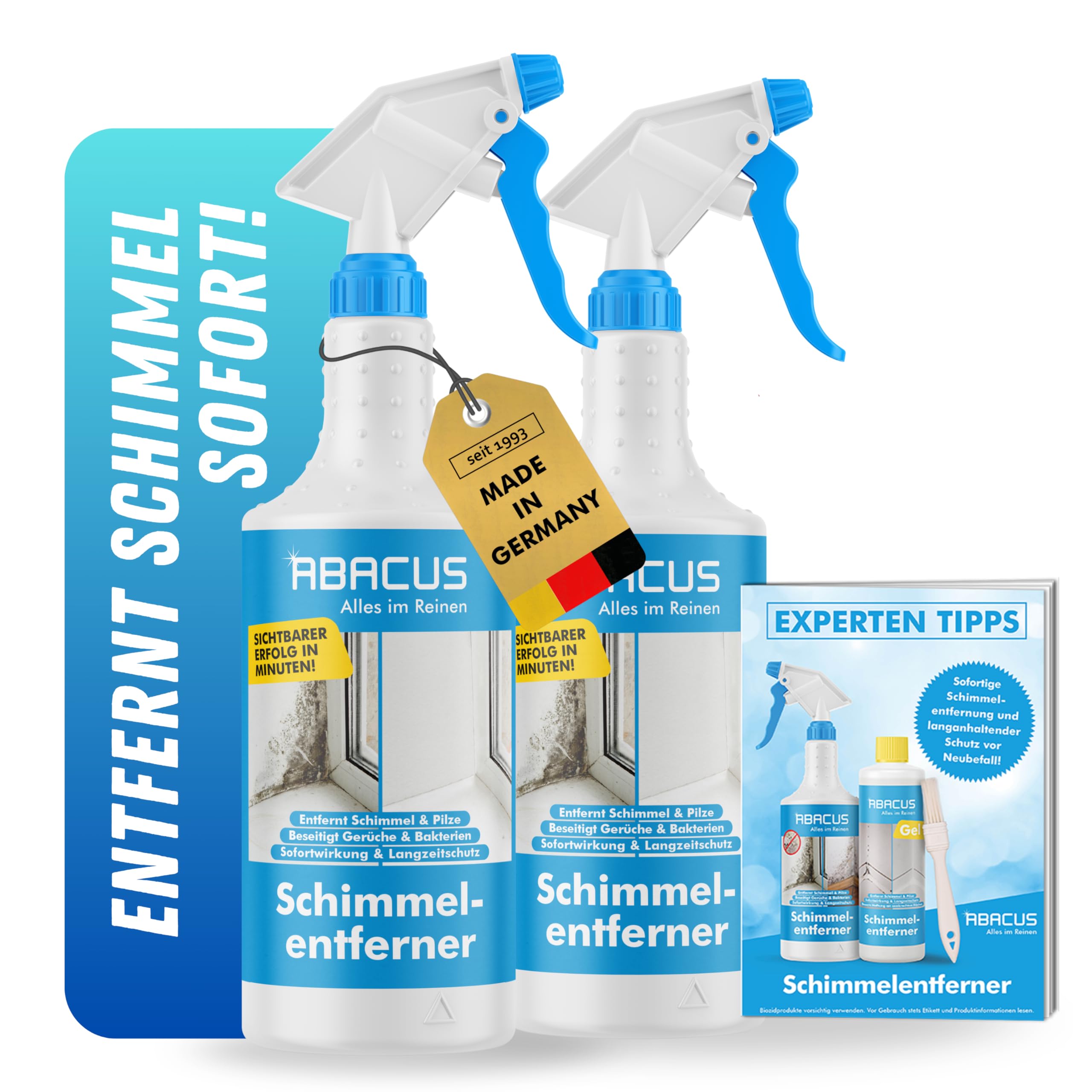 ABACUS Antimuffa, 2 x 750 ml, spray antimuffa con effetto immediato e effetto a lungo termine, con nuova formula di cloro attivo, per pareti, bagno, fughe, carta da parati e molto altro ancora, extra