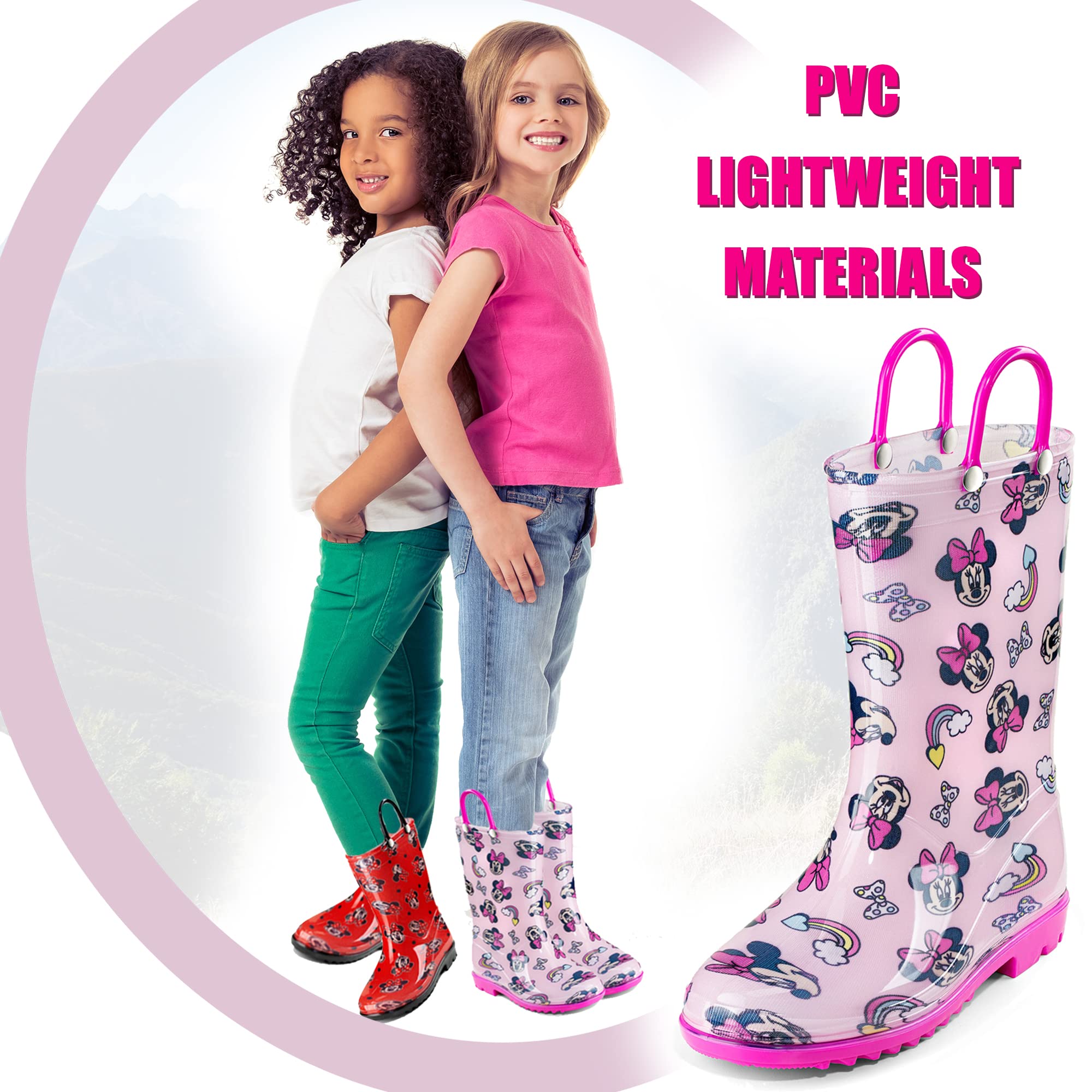 Disney Minnie Mouse - Botas de lluvia impermeables de PVC para niñas con asas fáciles de poner, tallas para niños pequeños y niños pequeños
