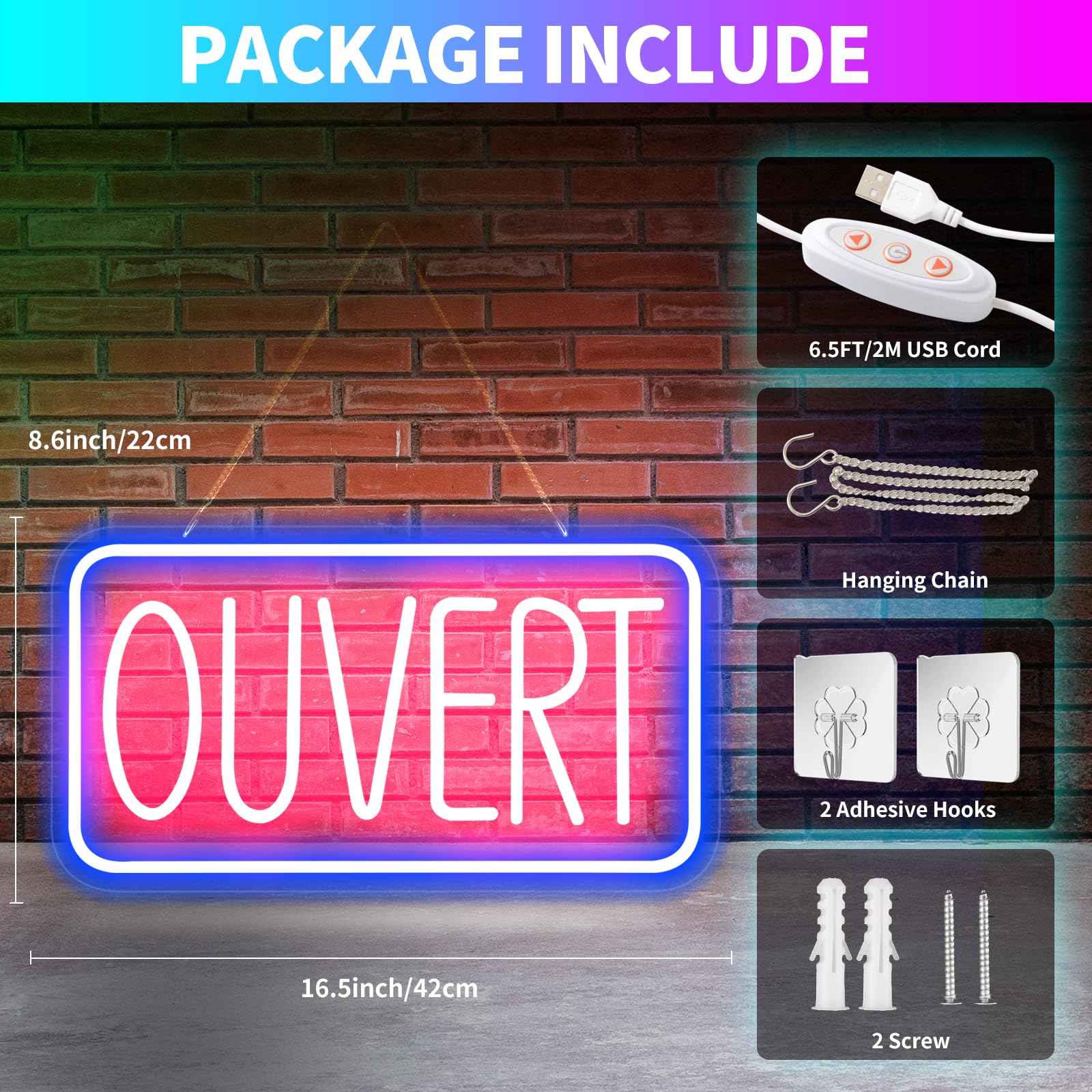OUVERT Panneau néon LED à suspendre 42 x 22 cm USB avec interrupteur à intensité variable