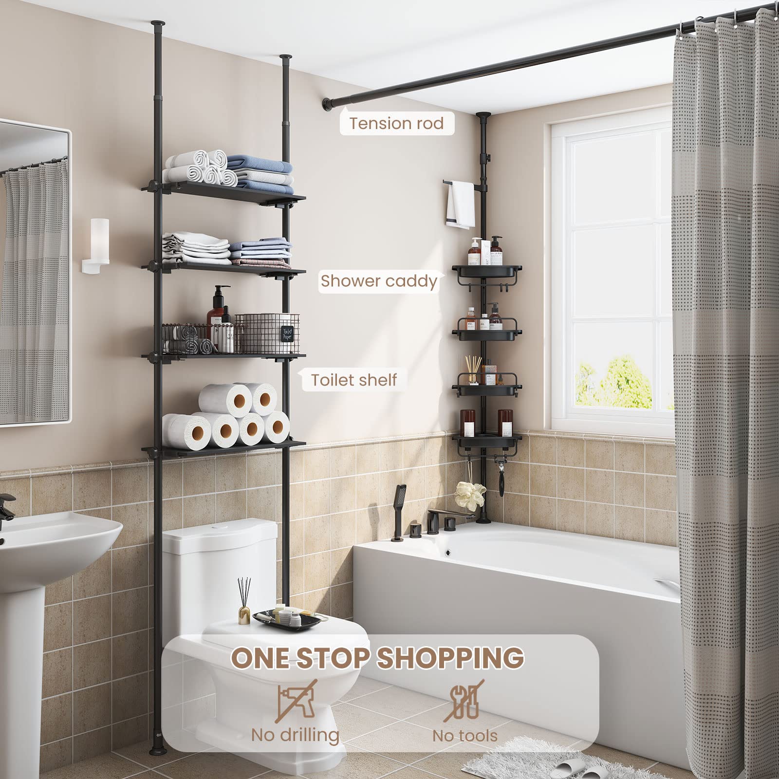 ALLZONE Over The Toilet Storage Cabinet, 4 Tier Over Toilet Bathroom Organizer, Adjustable Bathroom Shelves Over Toilet, Fit Most Showers on Above Toilet Storage, 92 to 116 Inch, Metal Shelves,Black