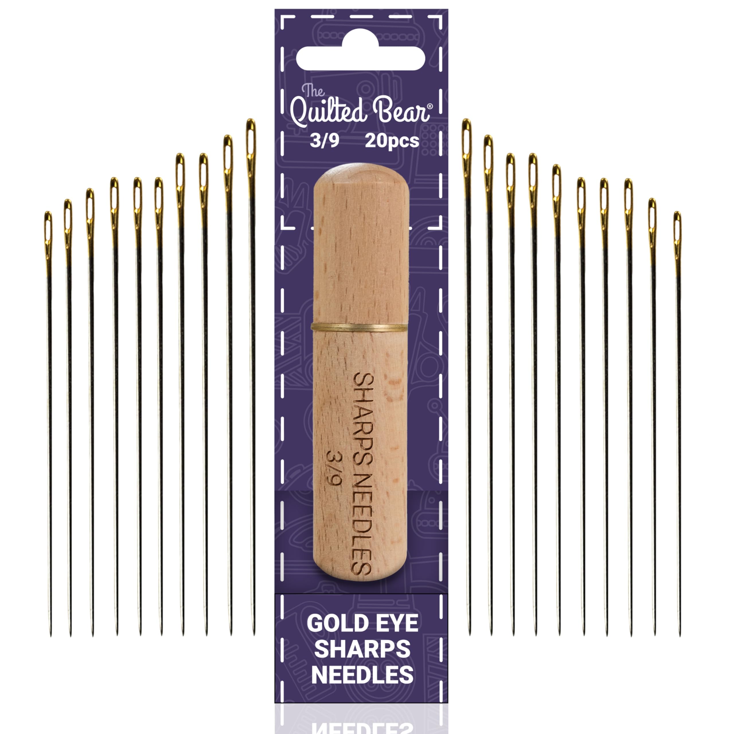 The Quilted Bear Gold Eye Sharps Sewing Needles 3/9-20 Sharps Hand Sewing Needles Set including Sharp Points in a Premium Engraved Wooden Case for Dressmaking and Sewing (Sizes 3/9)