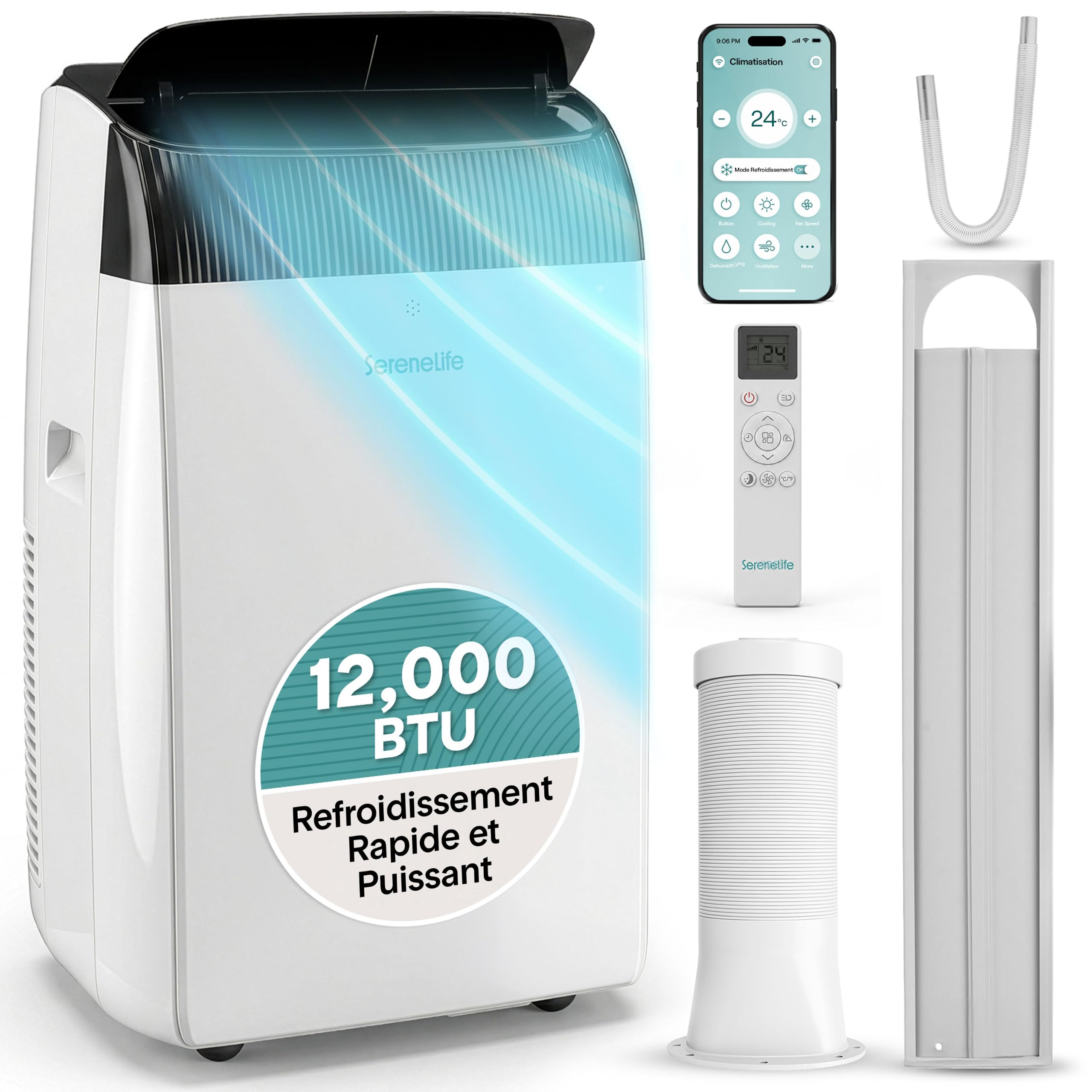 SereneLife Climatiseur Mobile 12000 BTU (3,52 kW), Wi-Fi, 3 En 1 Refroidissement, Déshumidification et Ventilation, Silencieux, Roulettes, Minuterie, Jusqu’à 40 m²