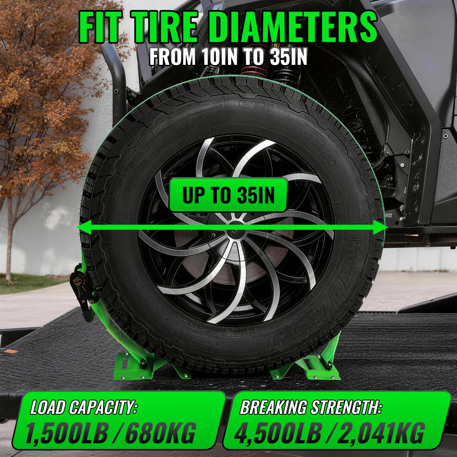Unterlegkeil Spanngurt-Set für Anhänger, E-Track, robustes Radspann-Set für Rasen, UTV, SUV, Rasenmäher und Traktoren – 2041 kg Bruchfestigkeit, 2er-Pack, 5,1 cm x 2,4 m