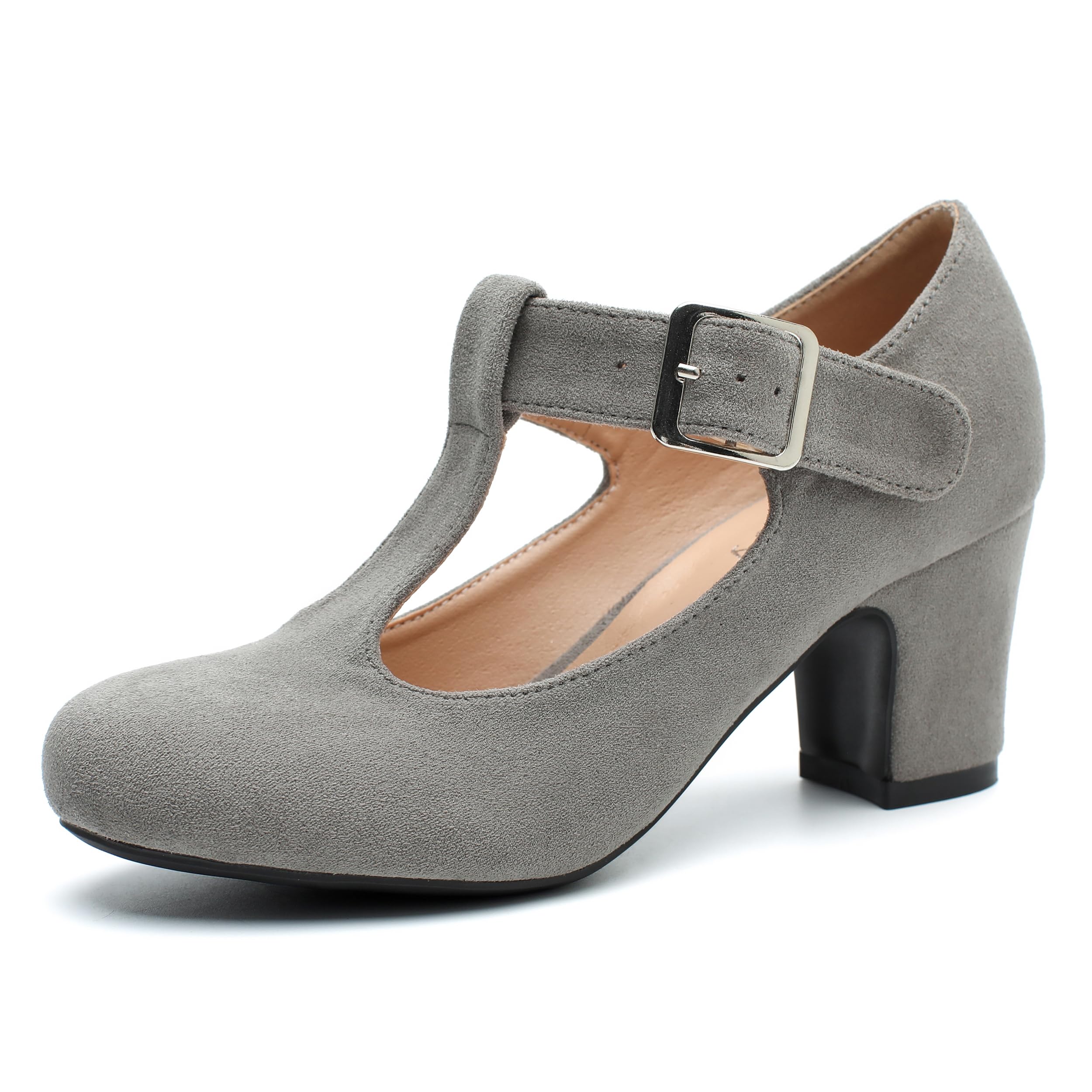 Women's T-Strap Mary Jane Pumps Low Block Chunky Heels Closed Round Toe Ankle Strap Wedding Evening Party Dress Office Work Shoes 5.5 Grey Suede
