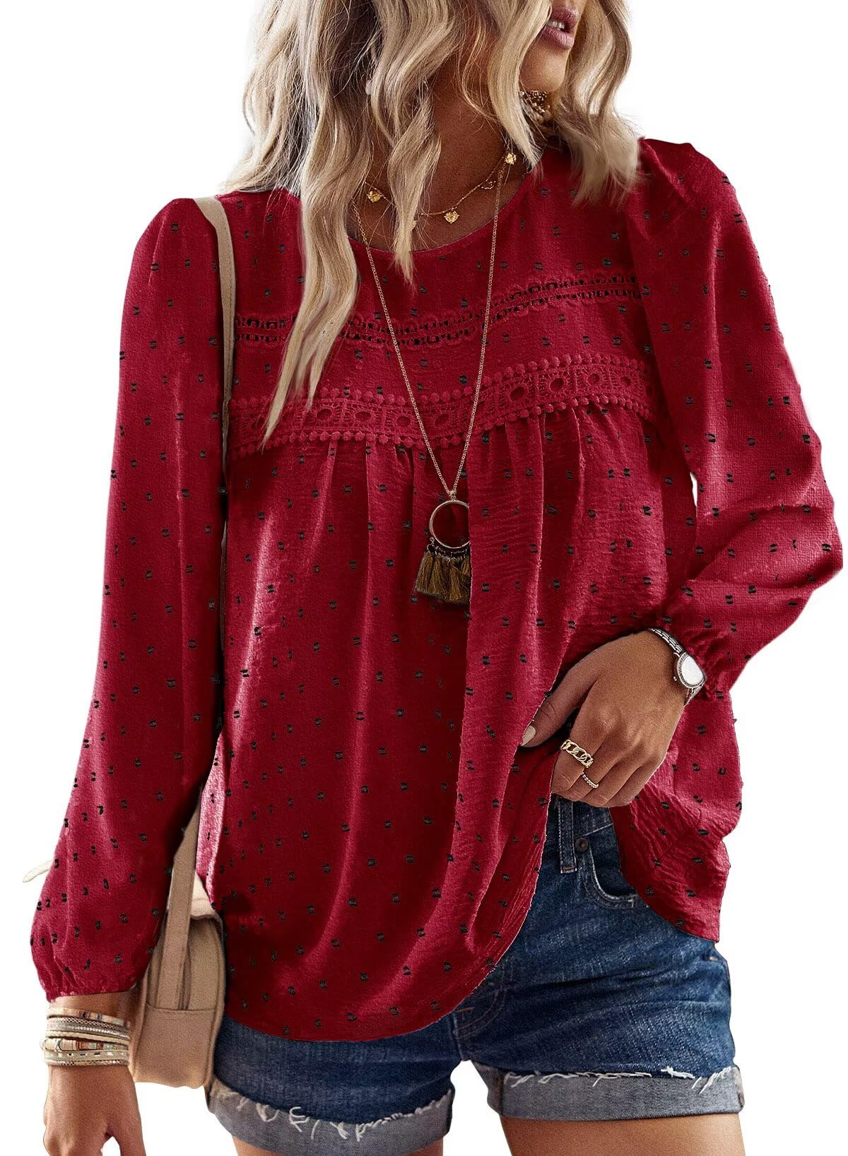 Falechay Womens Tops Flowy Boho Dressy Casual Lace Cute Long Sleeve Shirts