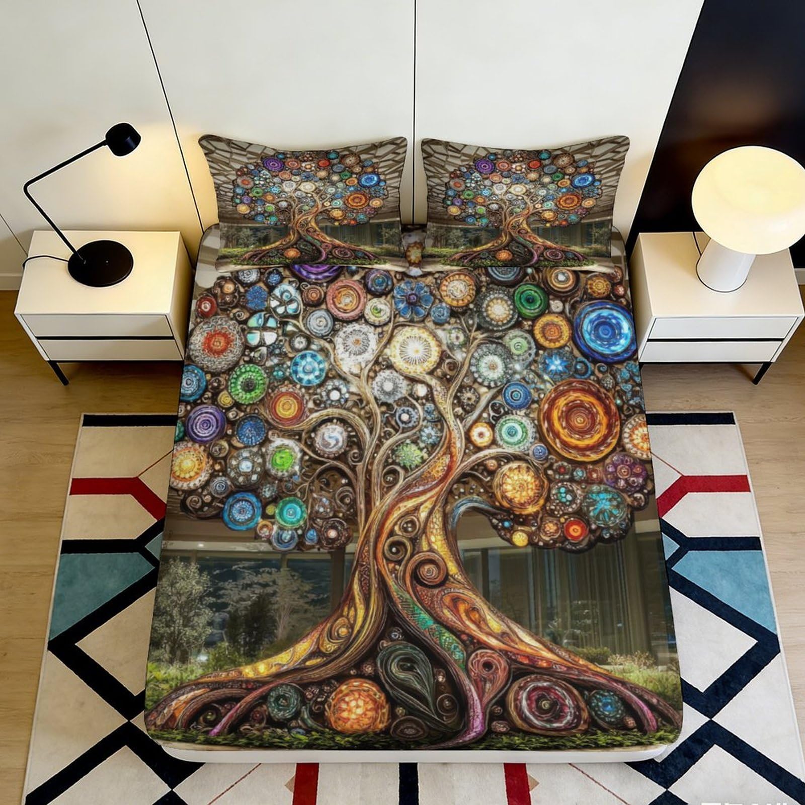 3D Printed Tree of Life Fitted Sheet Microfiber Multicolor Mandala Mattress Cover Anti-Slip Machine Washable Bedding Decor 160x200x25cm