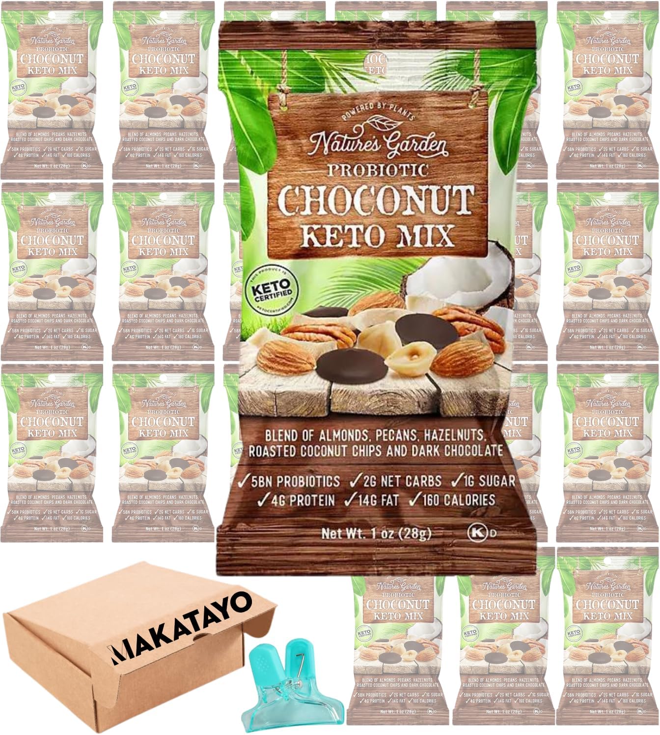 Nature's Garden Probiotic Choconut KETO Trail Mix 20 Pack. 1 oz Individually Packed Snack. Conveniently packed by MAKATAYO. Natures Garden trail mix.