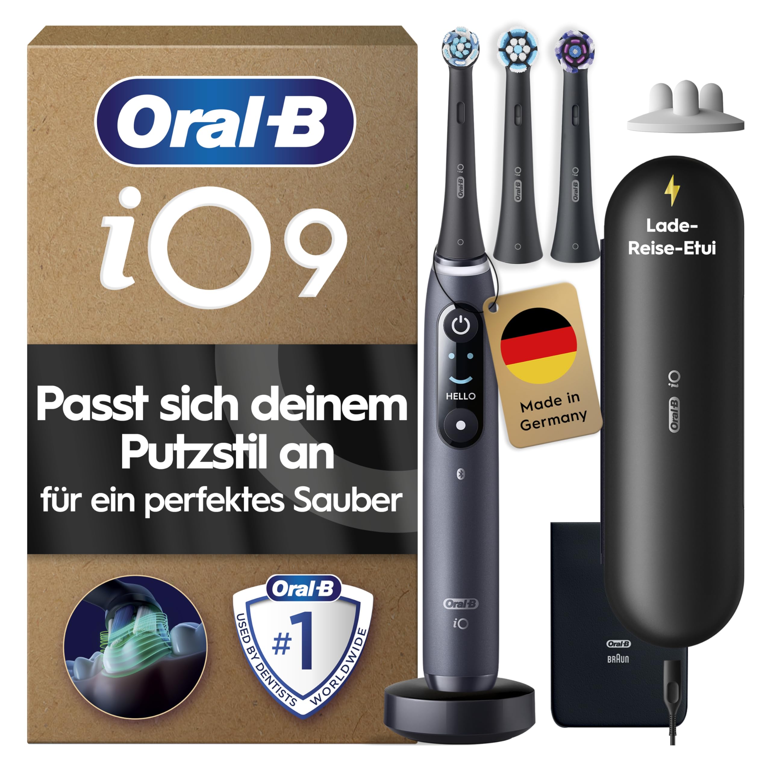 Oral-B iO Series 9 Elektrische Zahnbürste — Electric Toothbrush, Inkl. 3 Aufsteckbürsten — 7 Modi für Zahnpflege, CHIP Testsieger (11/25), Designed by Braun, Schwarz
