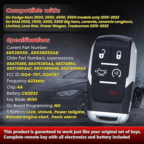 Miniatura 3 de Llavero de repuesto para Ram 2500 3500 4500 5500 2019 2020 2021 2022 5 botones 433Mhz 4A Chip entrada sin llave Control remoto llave del coche FCC