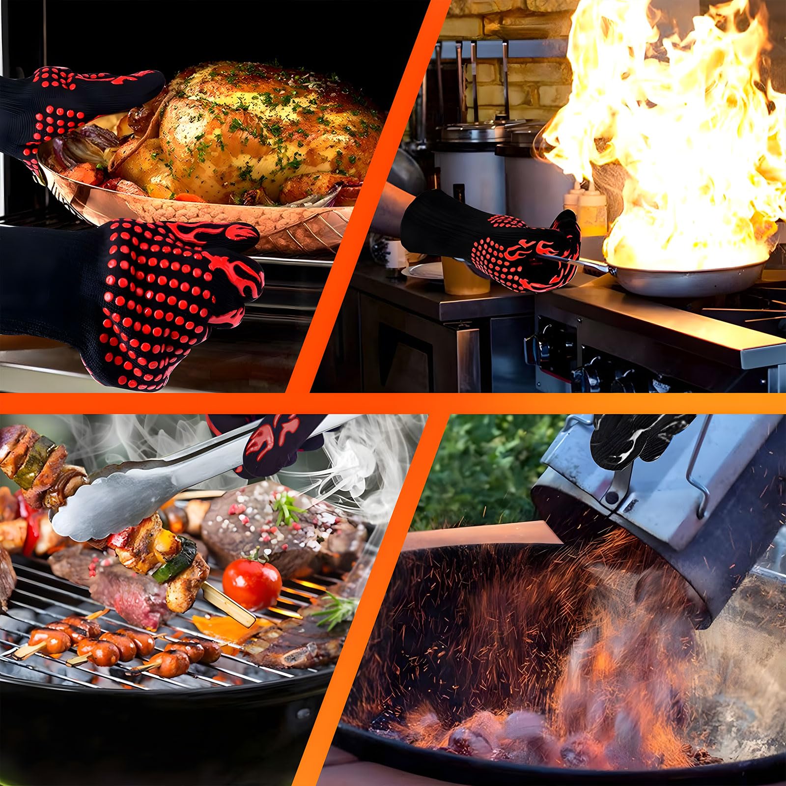 Gants Barbecue Résistants 800°C | Gants Anti-Chaleur Aramide + Silicone BBQ Four Cheminée