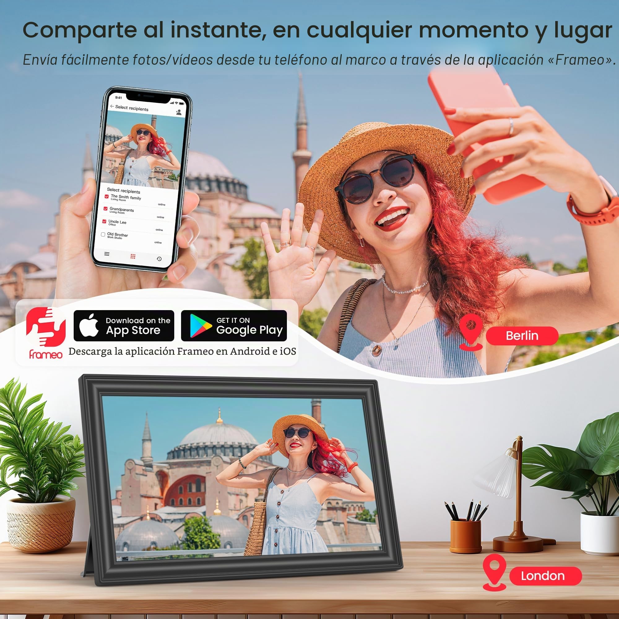Frameo - Marco de fotos digital WiFi de 15.6 pulgadas, almacenamiento de 64 GB, pantalla táctil IPS FHD de 1920 x 1080, intercambio instantáneo de fotos/videos a través de la aplicación Frameo