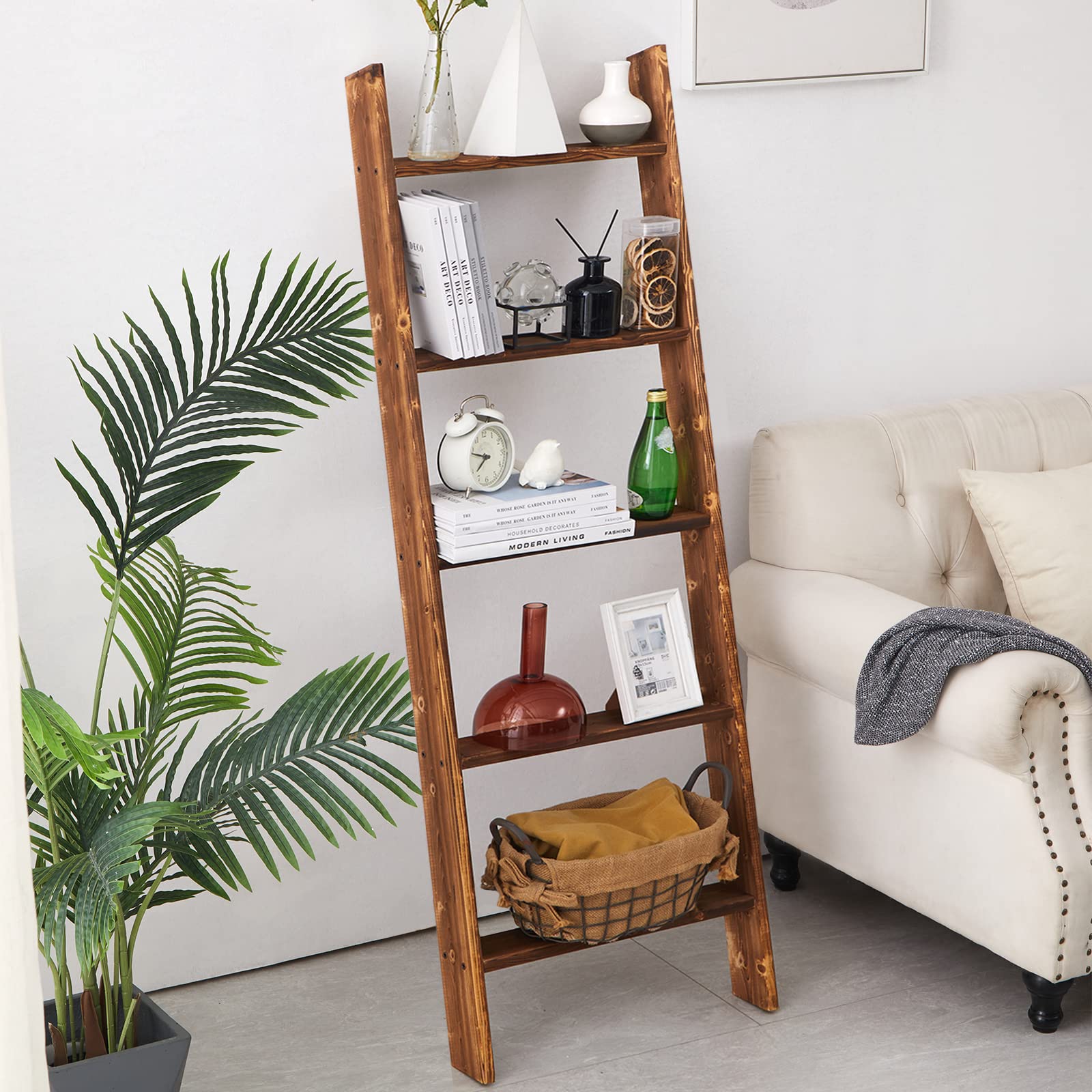 RHF 54" Extra Thick Blanket Ladder,Rustic Wood Ladder, Decorative Heave Duty Ladder for Blanket, Farmhouse Blanket Ladder, Storage Ladder Shelf, Assembly Required, 4.5-Feet (Rustic Brown, 4.5 Ft)