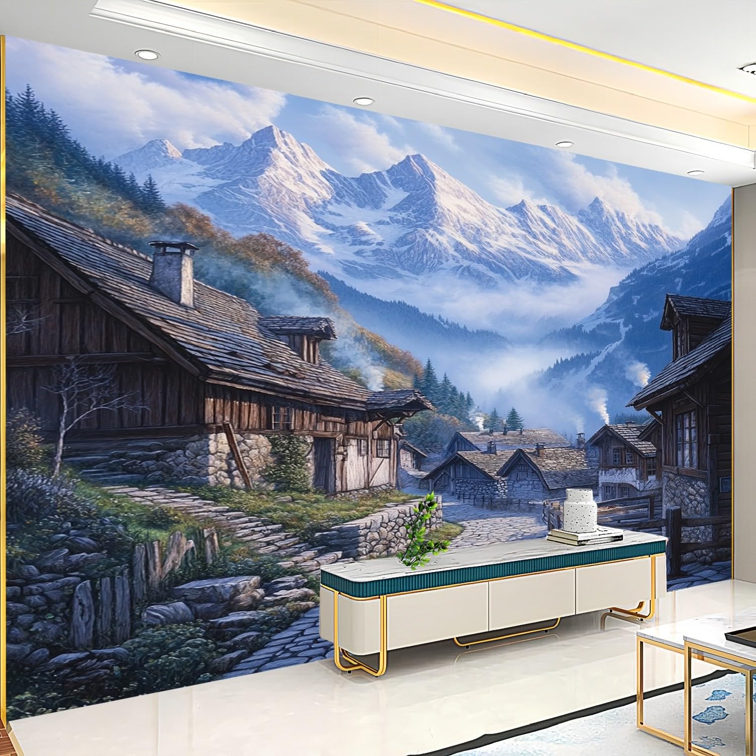 Tapeta ścienna 400 x 280 cm, poranna mgła, śnieg, góra, miasto, tapeta z włókniny, niebieska, pyłoszczelna, panoramiczny, plakat do pokoju dziecięcego, sypialni, salonu, plakat ścienny