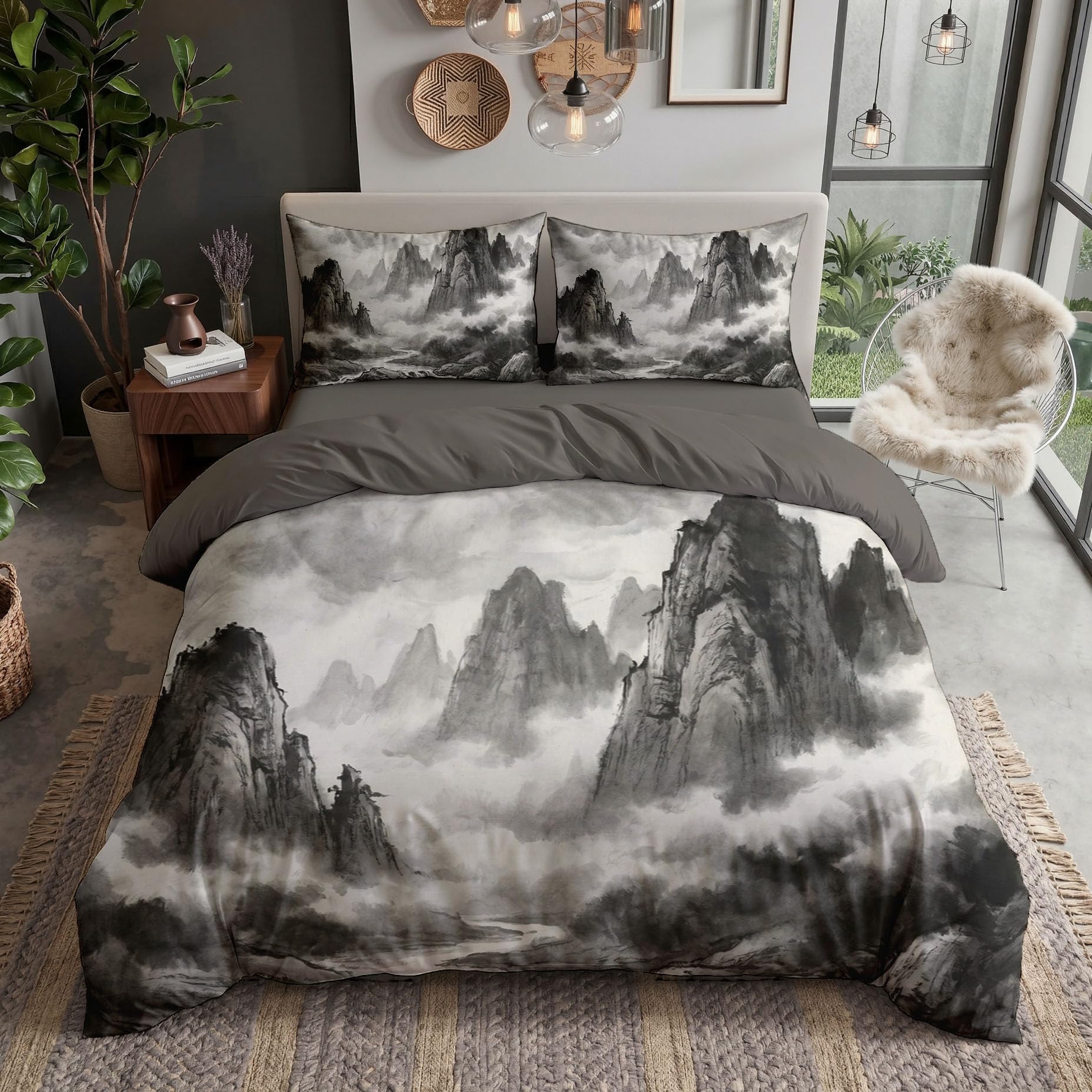 Housse de couette 200x200 anti-glissement parure de lit zippée grise 2 places