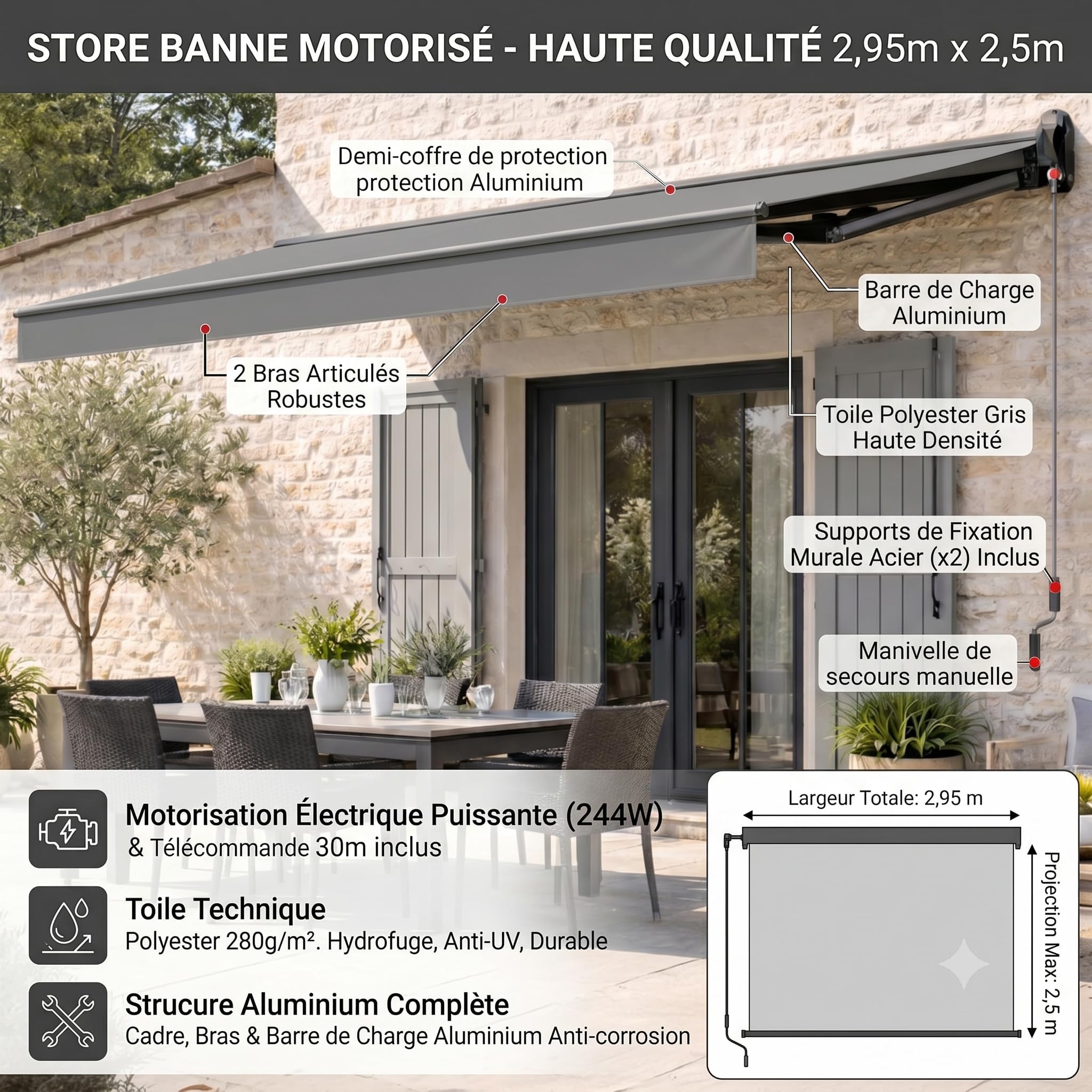Store Banne Motorisé 2,95x2,5 m Semi-Coffre Aluminium avec Télécommande | Moteur 244 W portée 30 m, toile grise 280 g/m² hydrofuge, lambrequin amovible, 2 fixations murales acier fournies